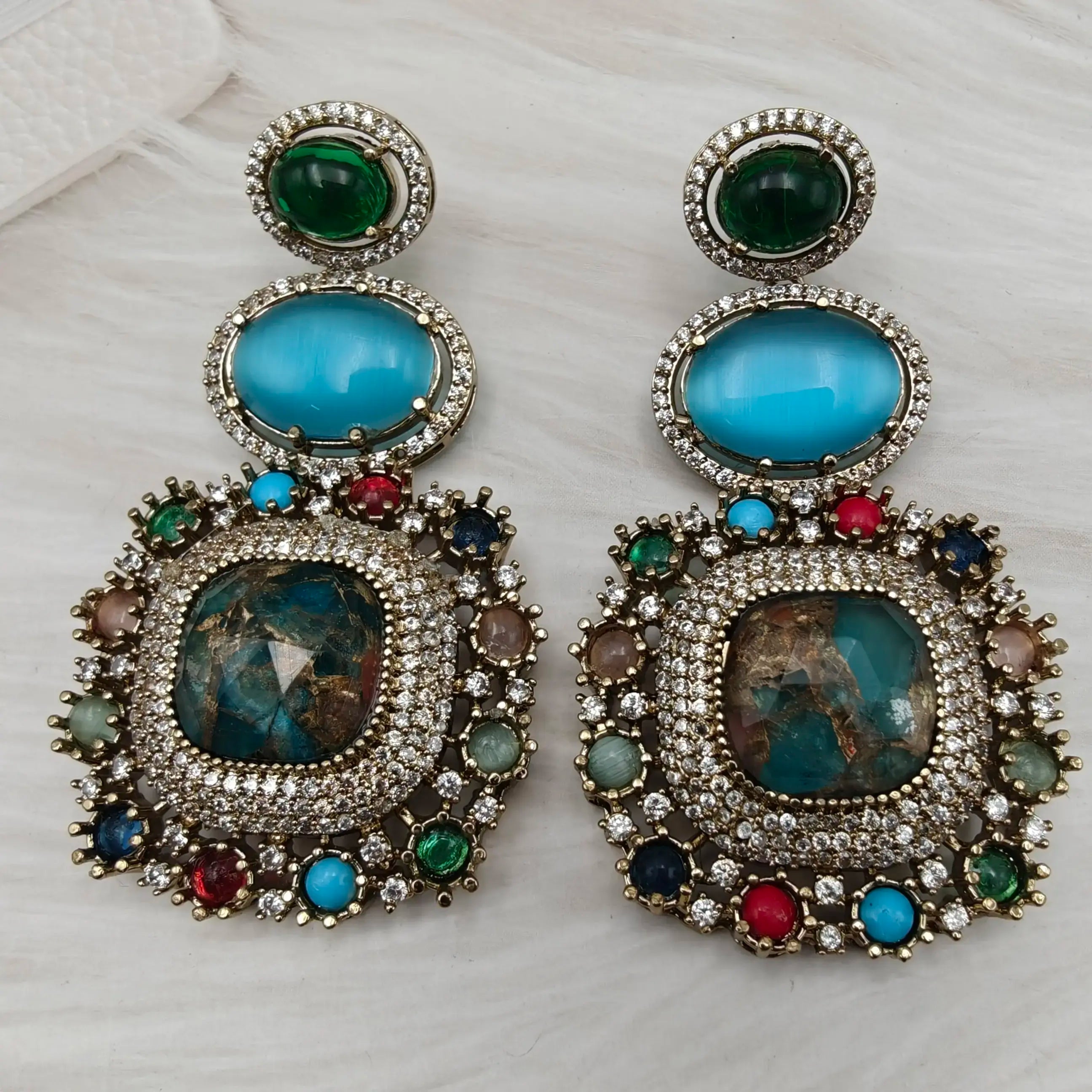 Sabyasachi Inspired Shehnaaz Statement Earrings - Firoza Multi