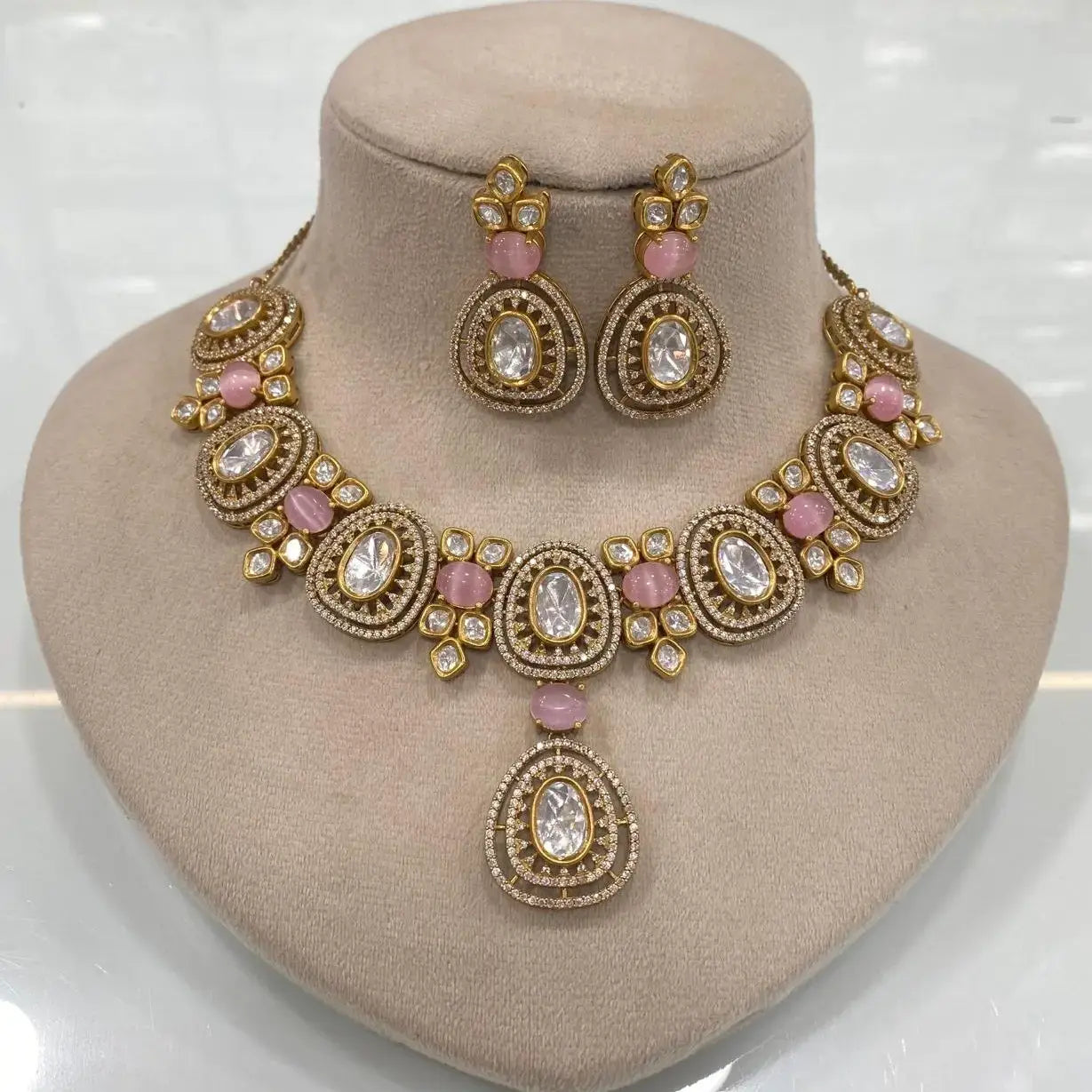 Vaibhavi Uncut Polki Necklace Set - Pink