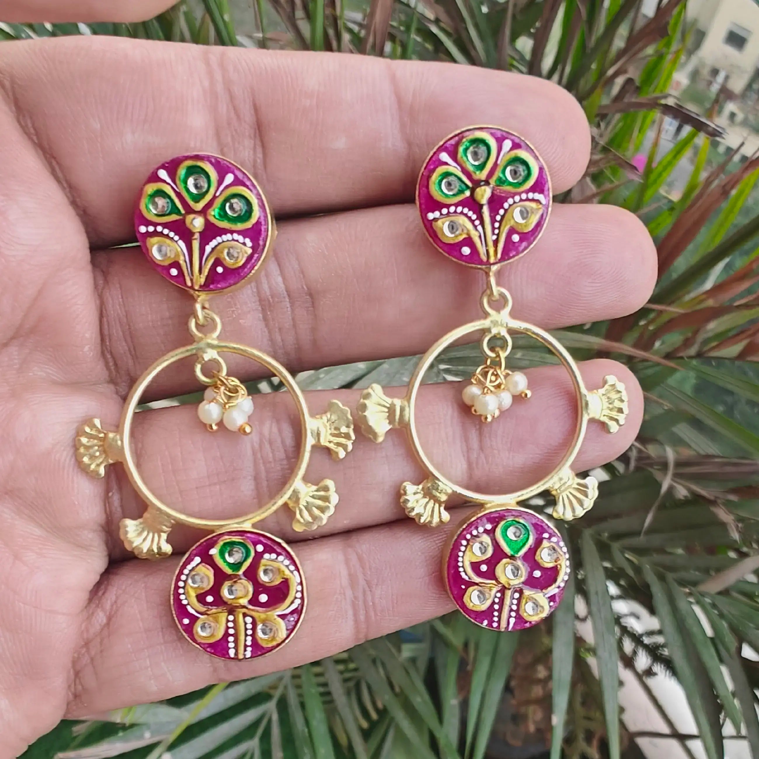 Tanjore Druzy Earrings- Dark Pink