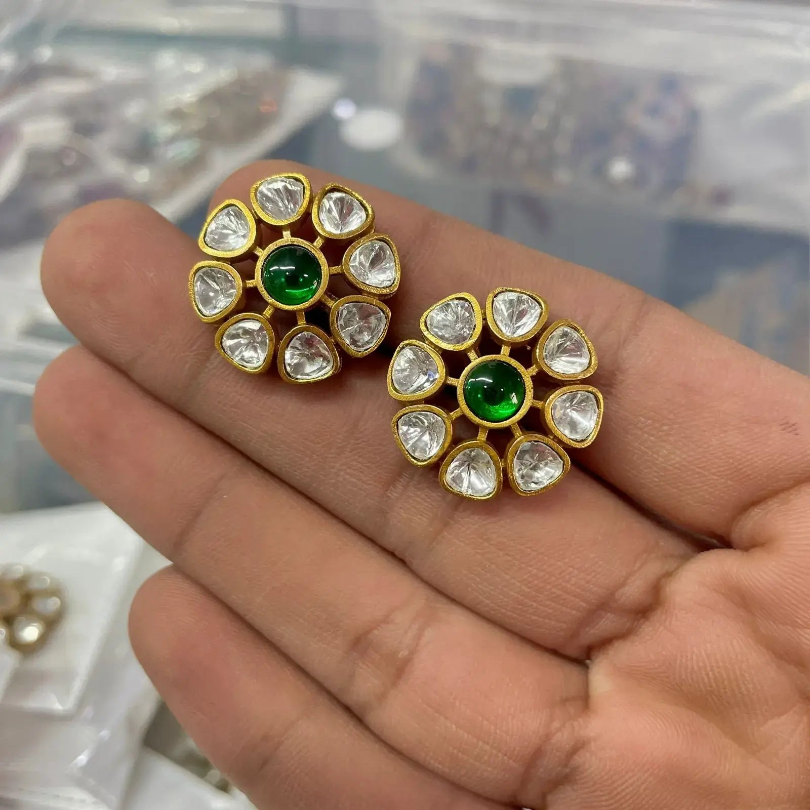 Rasha Uncut Polki Studs- Green
