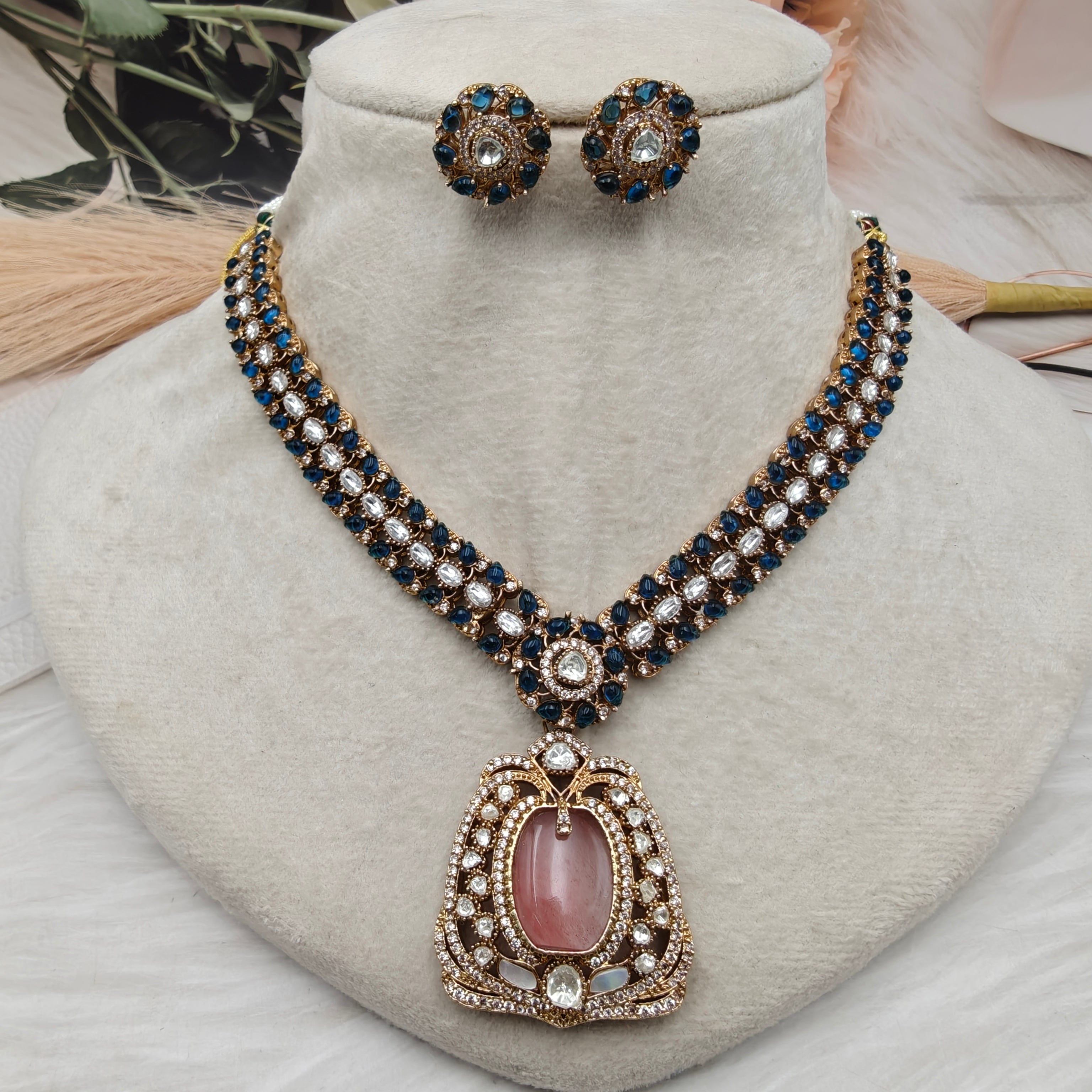 Gulnaz Royale Necklace Set - Blue n Pink