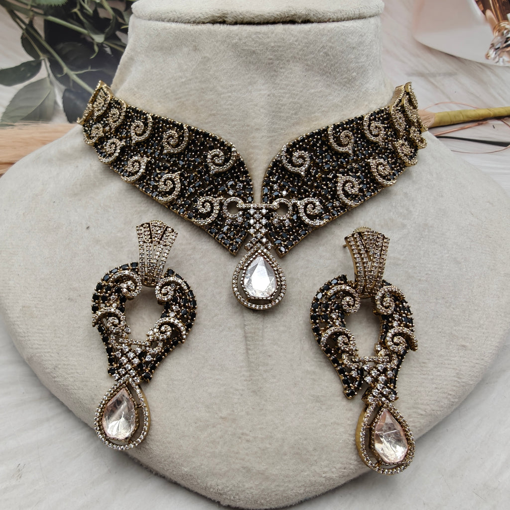 Noir Royale Moissanite CZ Victorian Necklace Set- Black