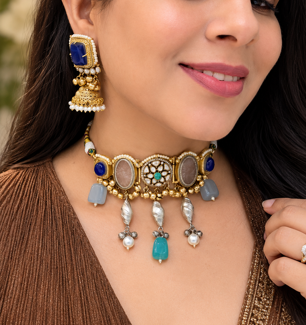 Akshala Amrapali Brass Fusion Handcrafted Choker - Rose Quartz n Blue Sapphire