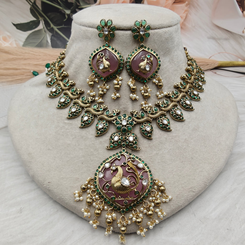 Shreenika Mayura Heritage Necklace Set- Pink and Green