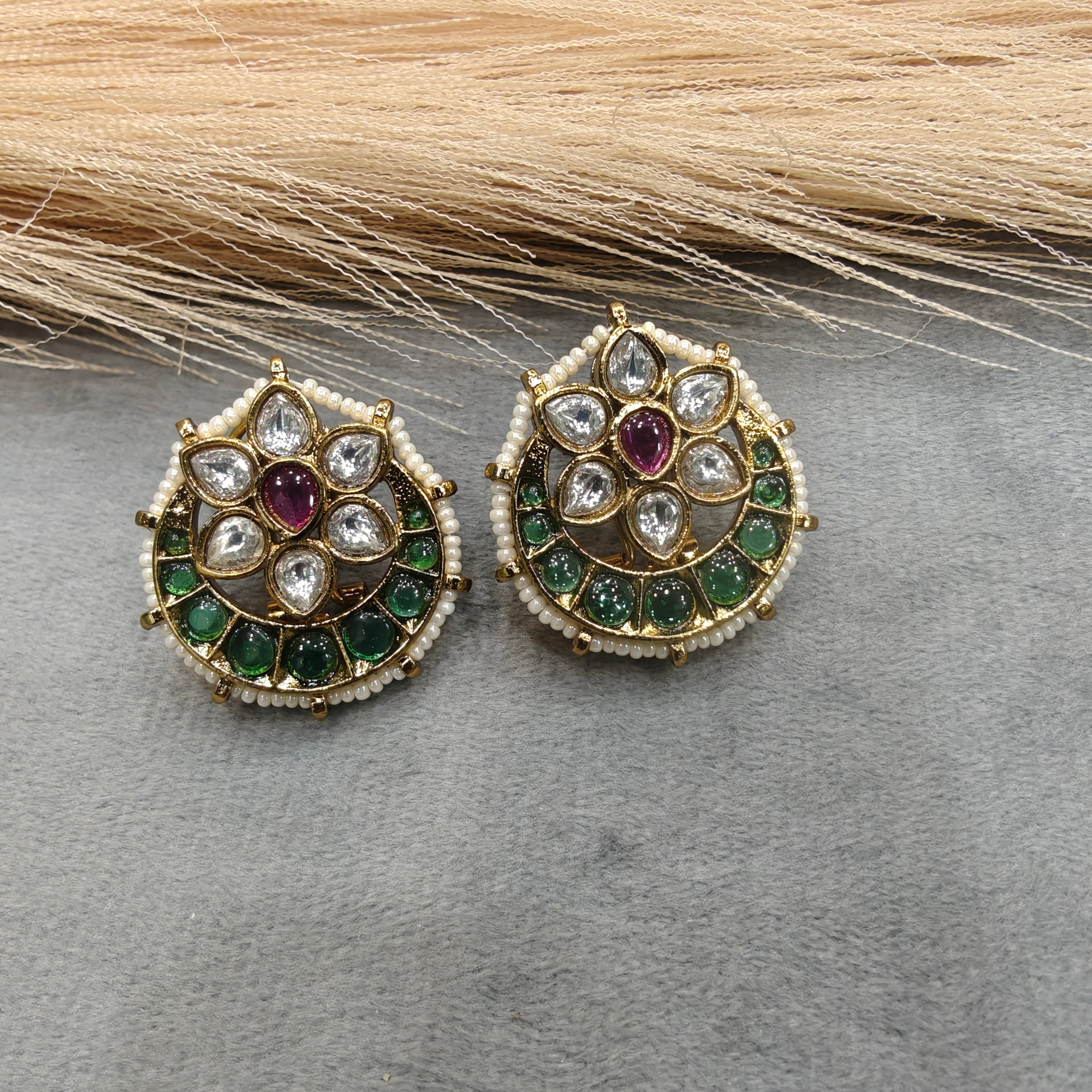 Anandi Kundan Studs- Green Ruby