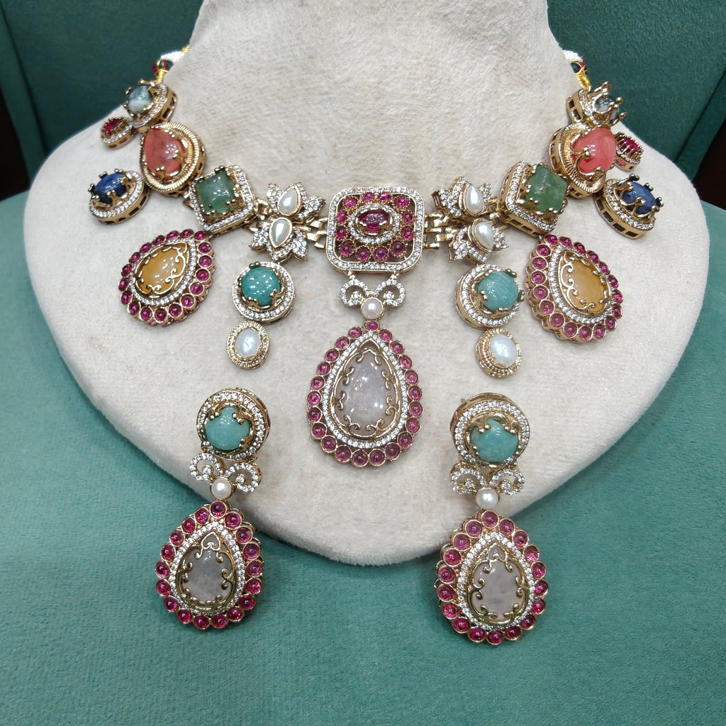 Lustra Gemstone Sabya Inspired Necklace Set- Ruby Multi