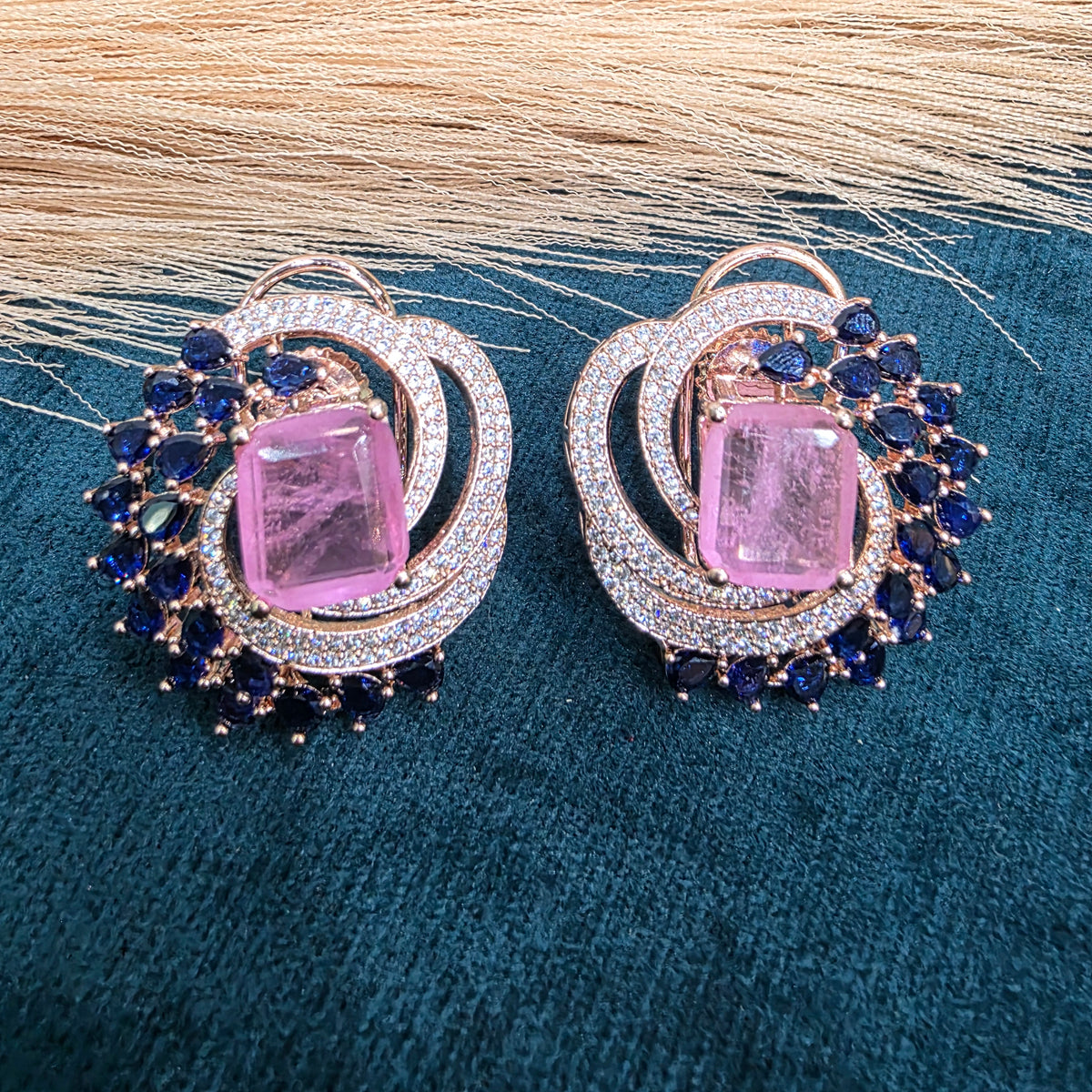 Ragini Doublet Rose Gold Finish Studs- Pink Blue