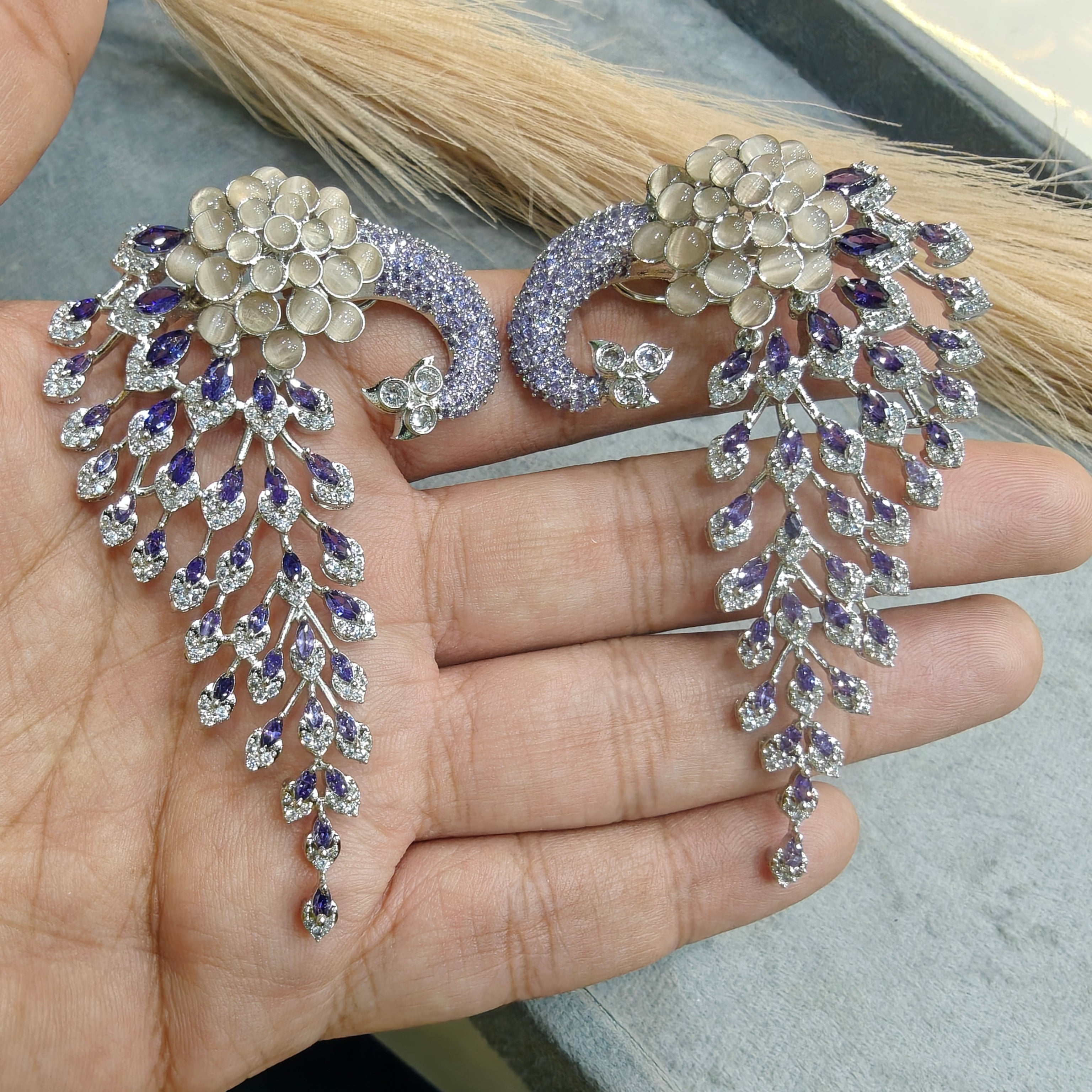 Vantara Peacock Statement Silver Plated Earrings- Purple And Soft Peach