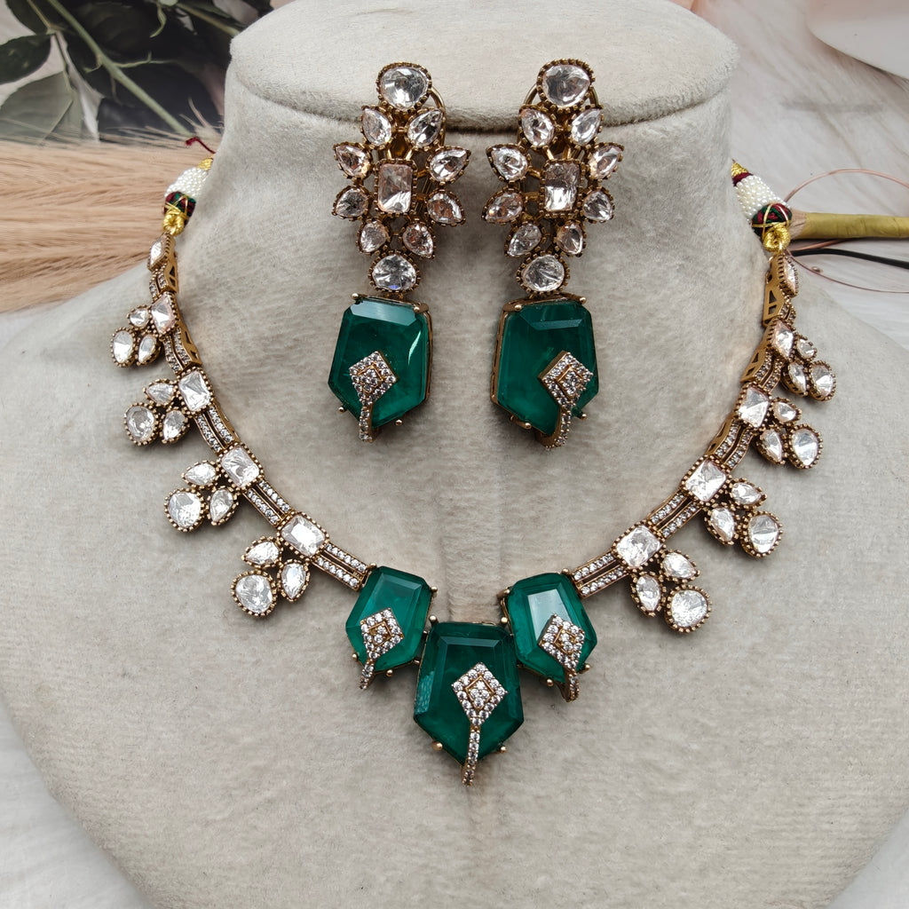 Vedanshi Doublet and Uncut Moissanite Polki Necklace Set- Green