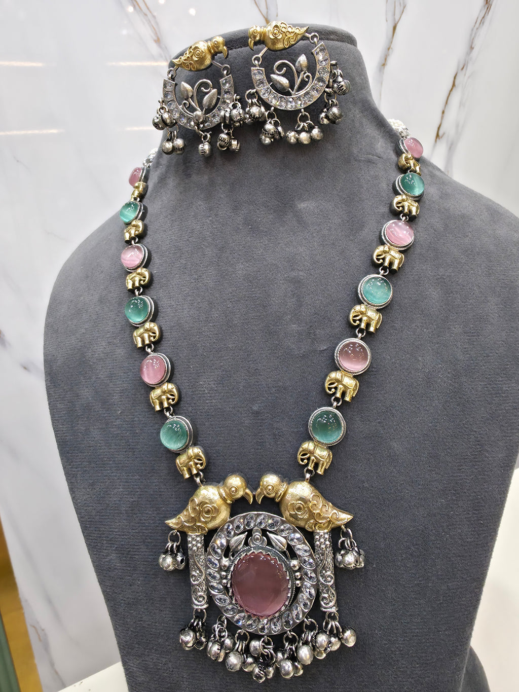 Swati Silver Oxidised Brass Dual tone Necklace Set- Pink Mint
