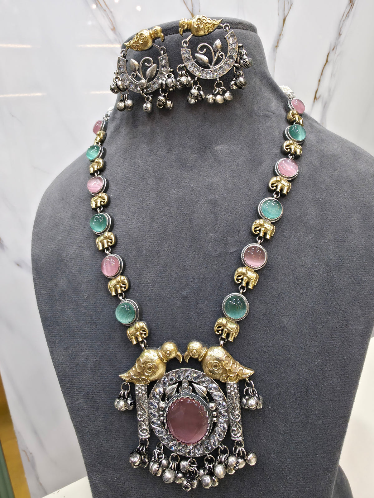 Swati Silver Oxidised Brass Dual tone Necklace Set- Pink Mint