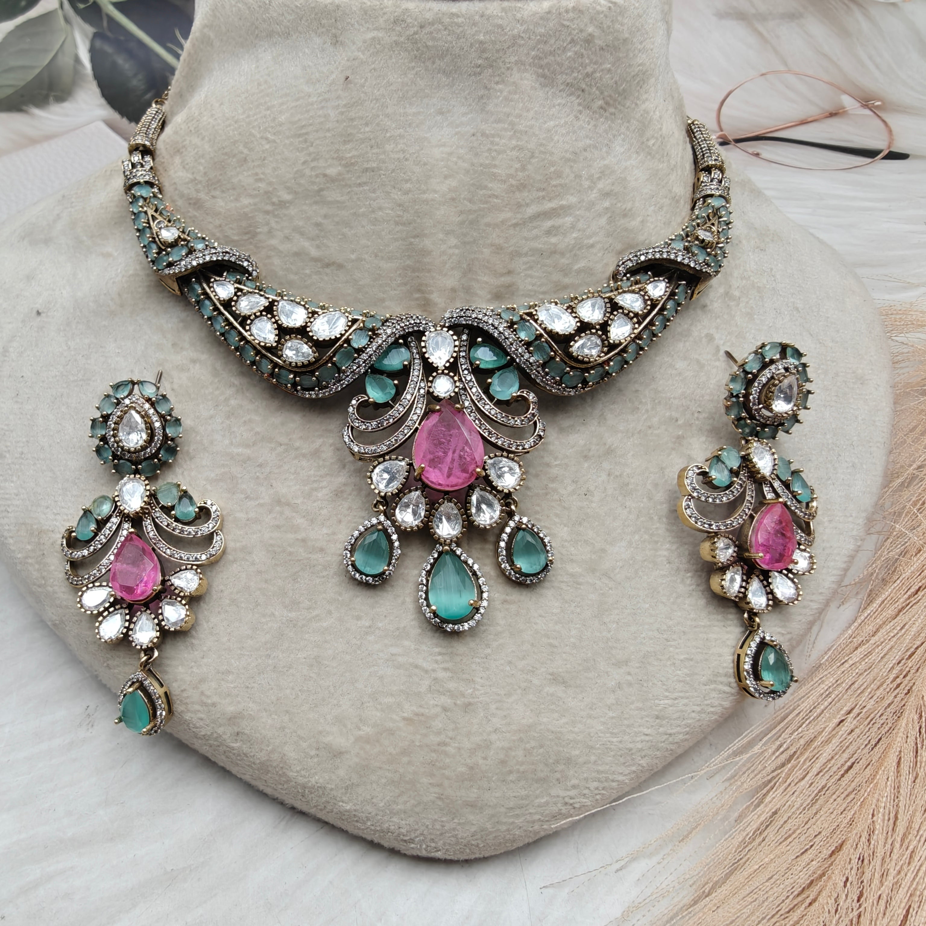 Taniya Uncut Moissanite Polki Necklace Set- Aqua and Pink