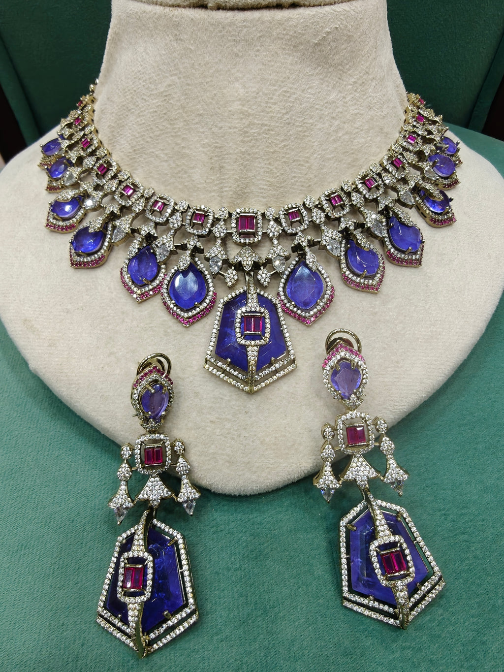 Tirthi Doublet and CZ Statement Necklace Set- Purple Ruby