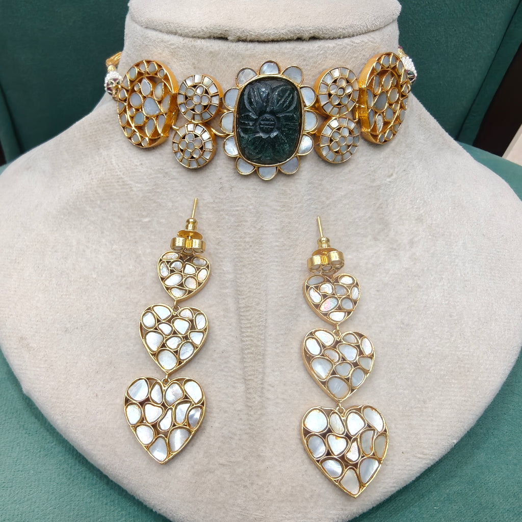 Jadau Gold Plated Original  Mother of Pearl and Natural Quartz Carved Stone Choker Necklace Set