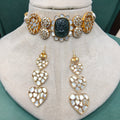 Jadau Gold Plated Original  Mother of Pearl and Natural Quartz Carved Stone Choker Necklace Set