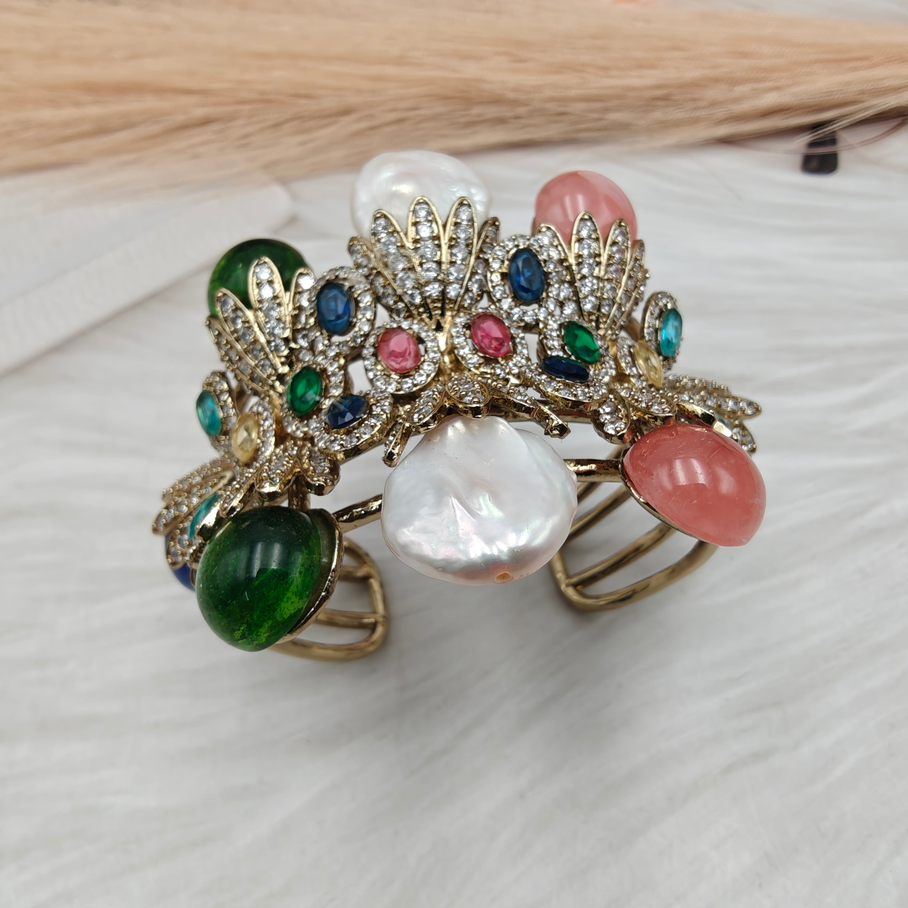 Elizabeth Gemstone and Baroque Luxe Statement Bracelet- Green and Coral Pink