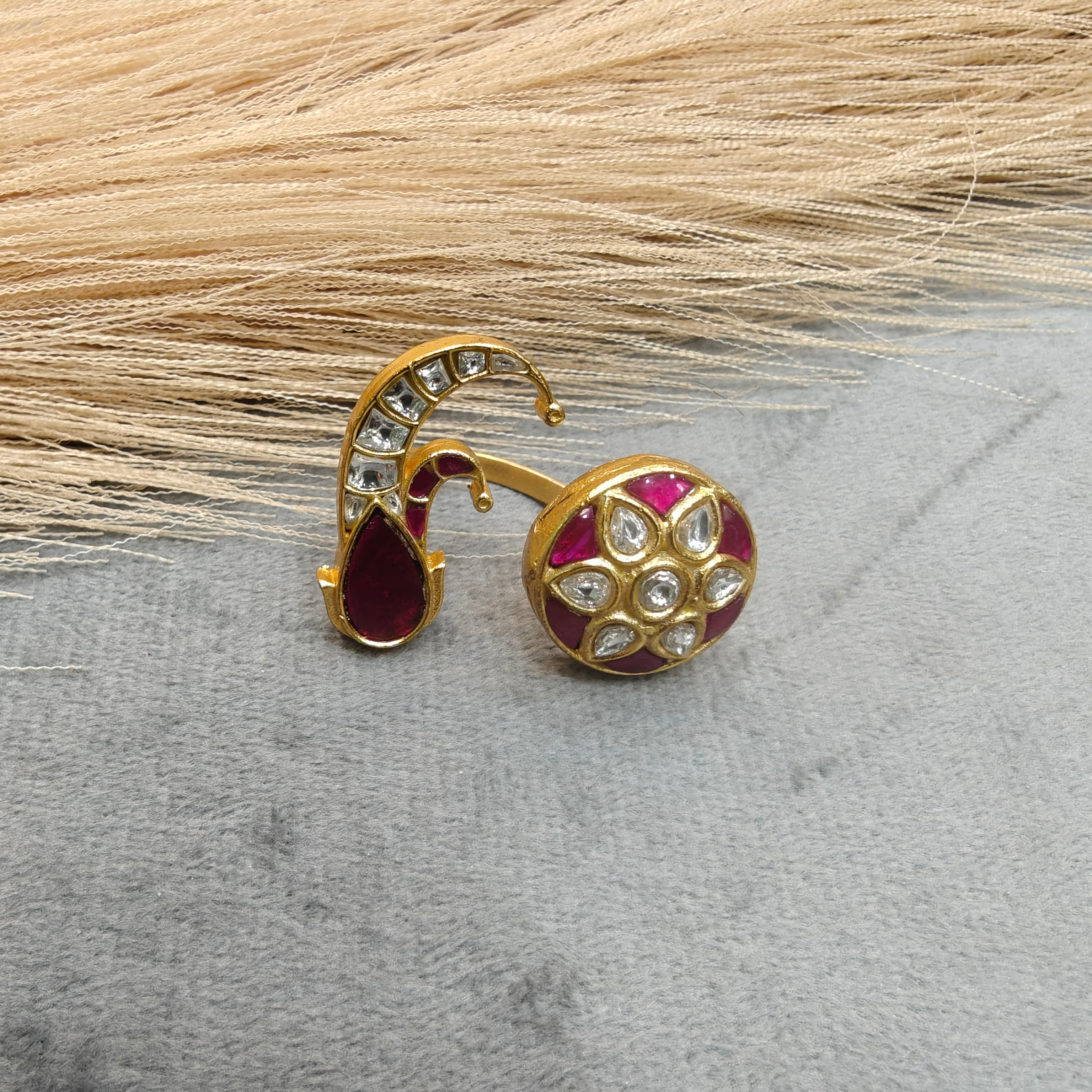 Rukamani Jadau Kundan Heritage Double Finger Ring- Ruby