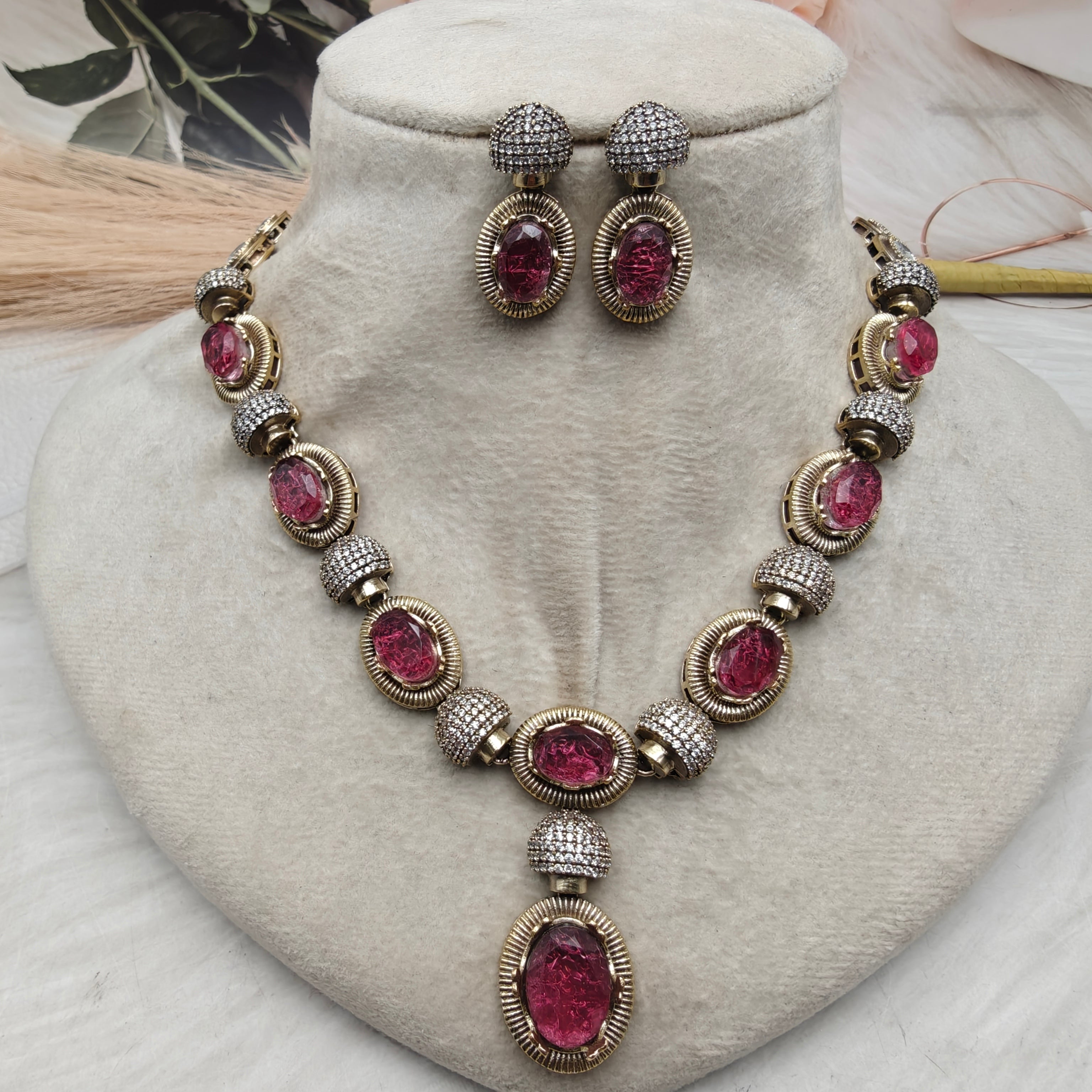 Shailaja Quartz Doublet Necklace Set- Strawberry Ruby