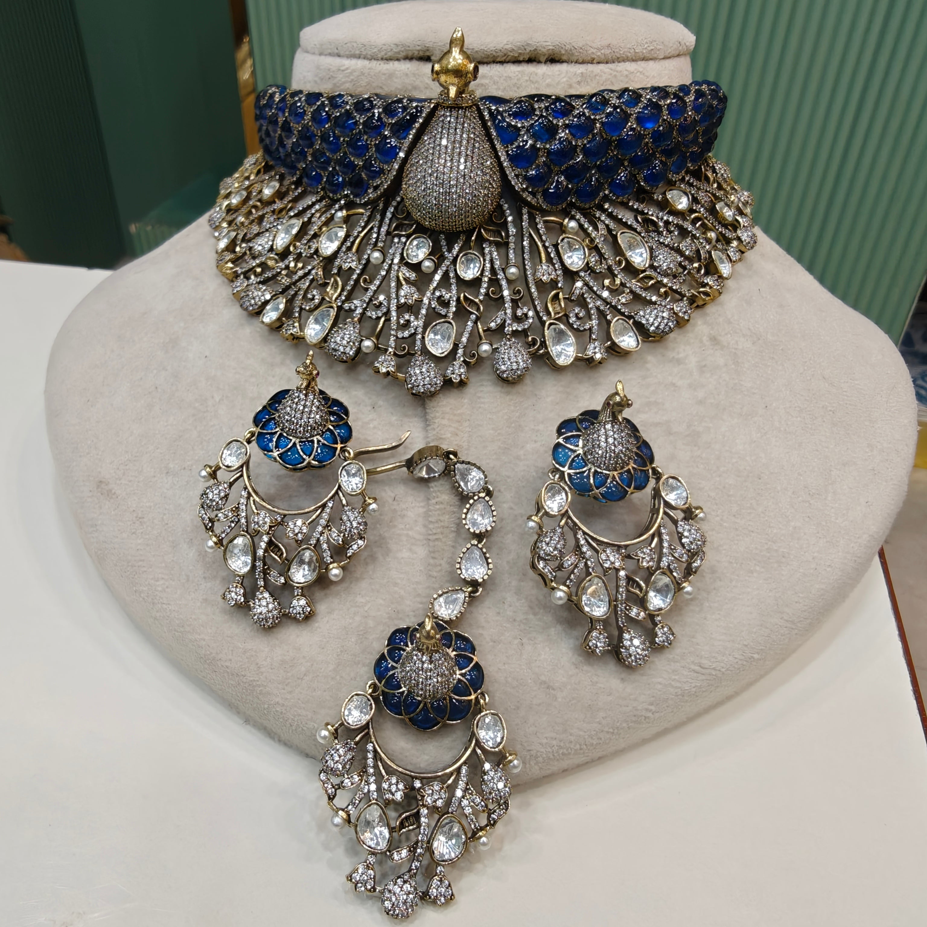 Royal 3D Mayura Epoxy Statement Earrings with Mangtikka- Blue