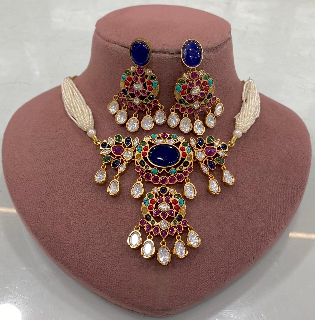 Sabyasachi Inspired Gehna Navratana Stone Choker Set- Blue