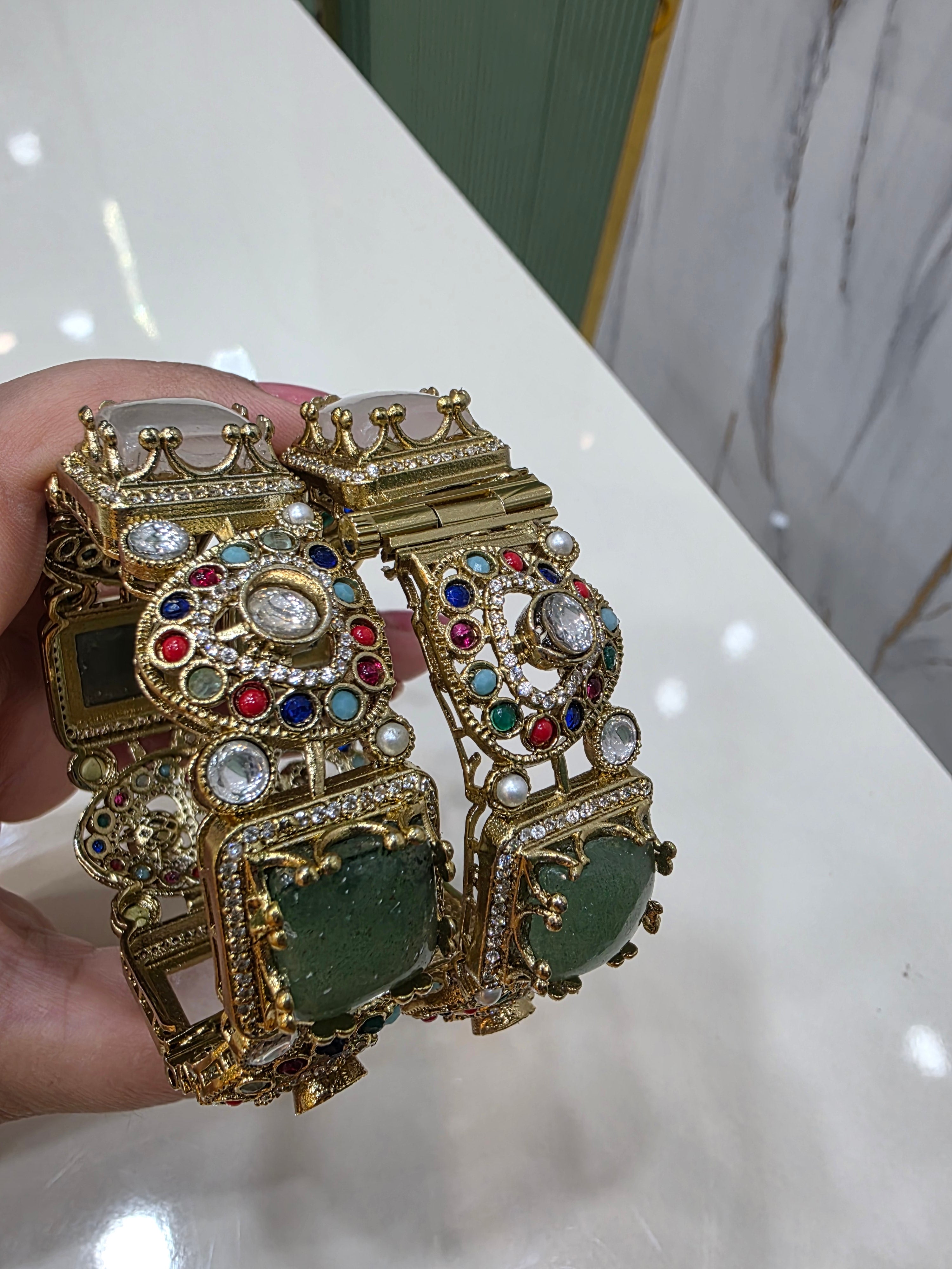 Chavi Sabya Inspired Gemstone Openable Bangles - Mint Pink