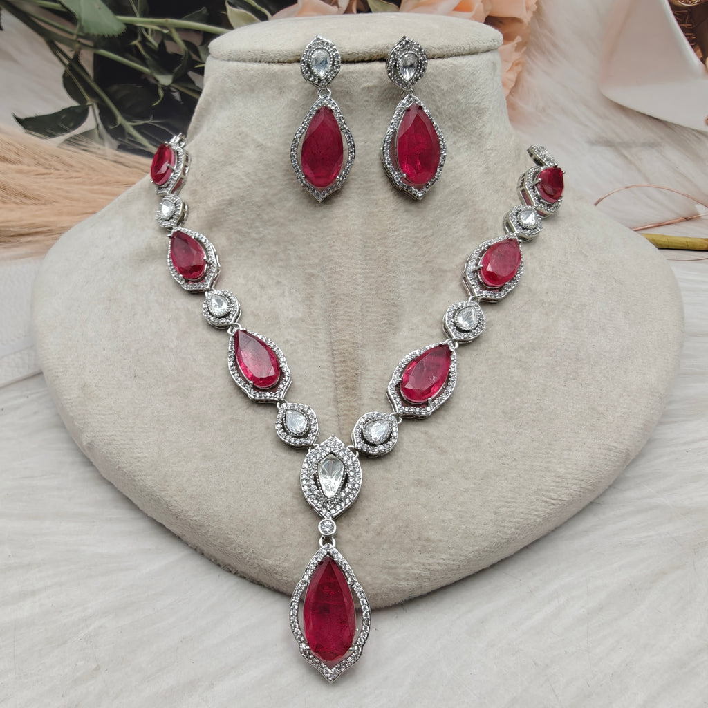 Anusha Doublet and Uncut Polki Necklace Set (Silver Finish)- Ruby