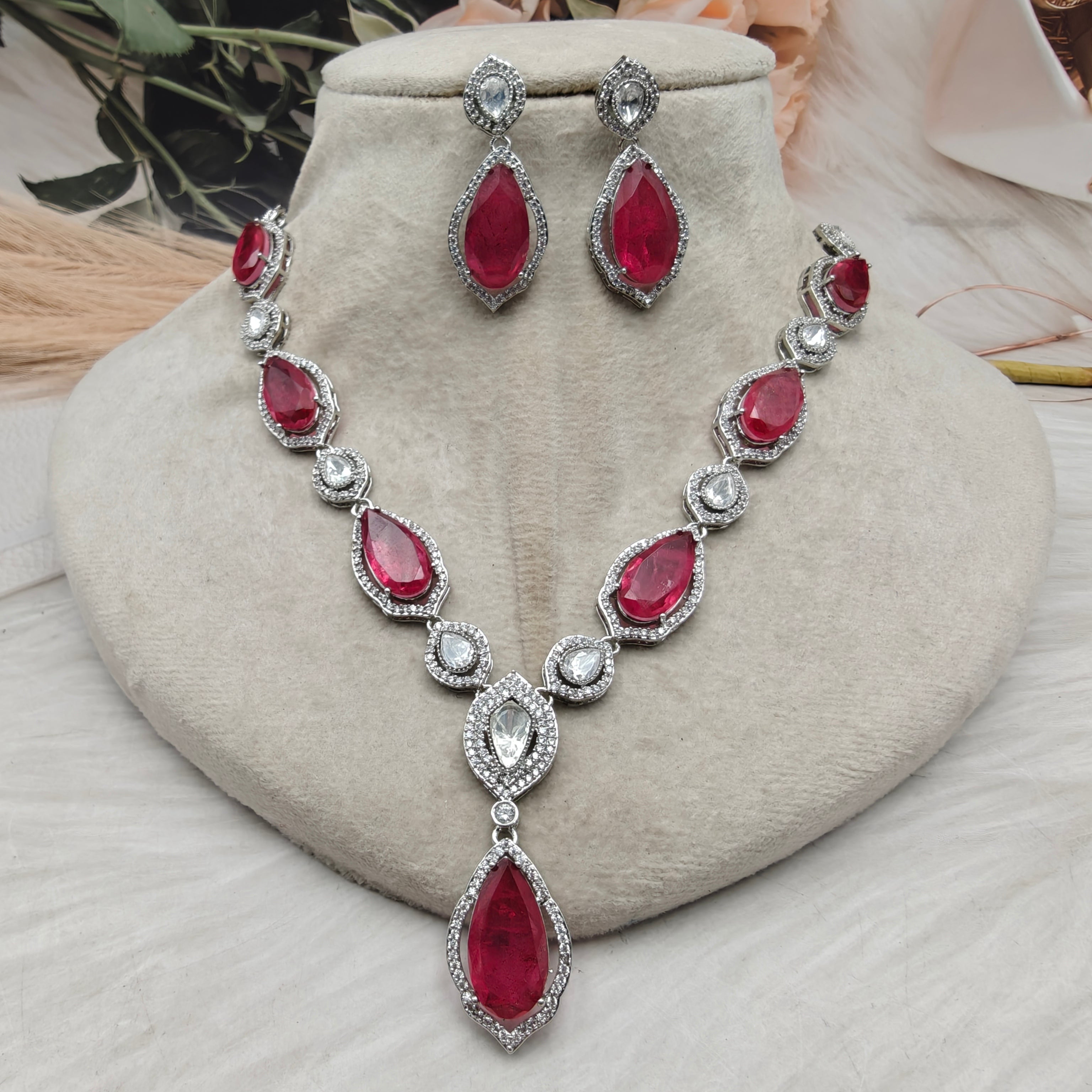 Anusha Doublet and Uncut Polki Necklace Set (Silver Finish)- Ruby