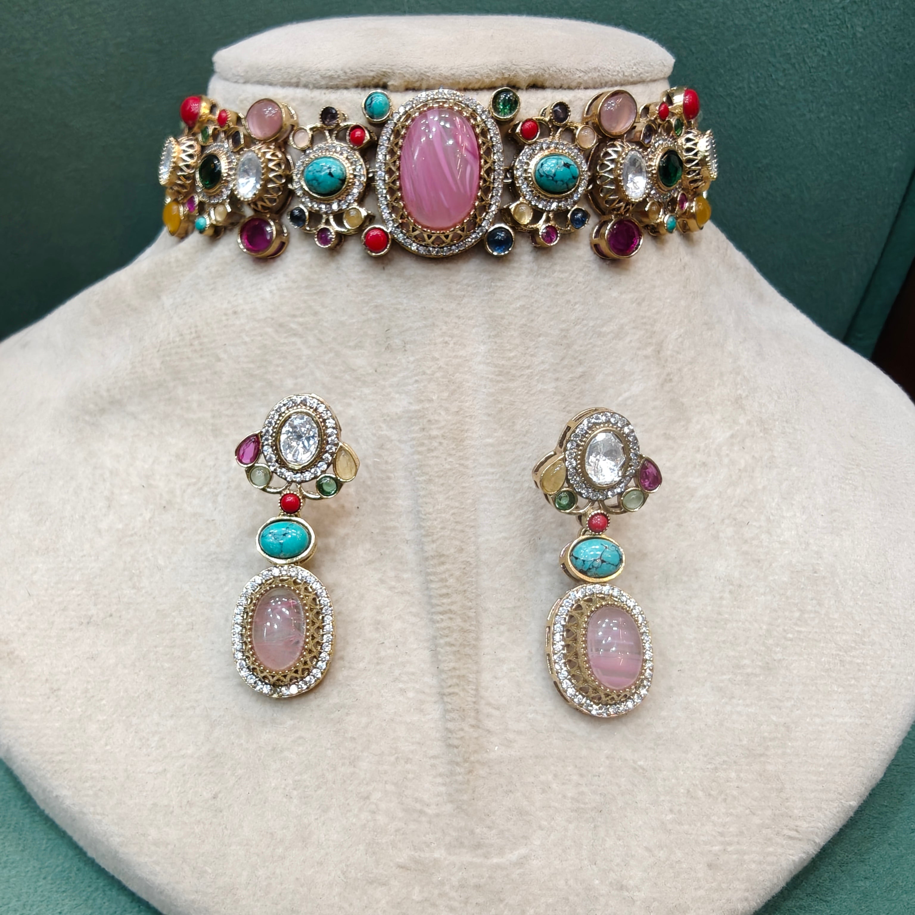 Shakira Sabyasachi Inspired Natural Stone Choker Set- Pink Multi