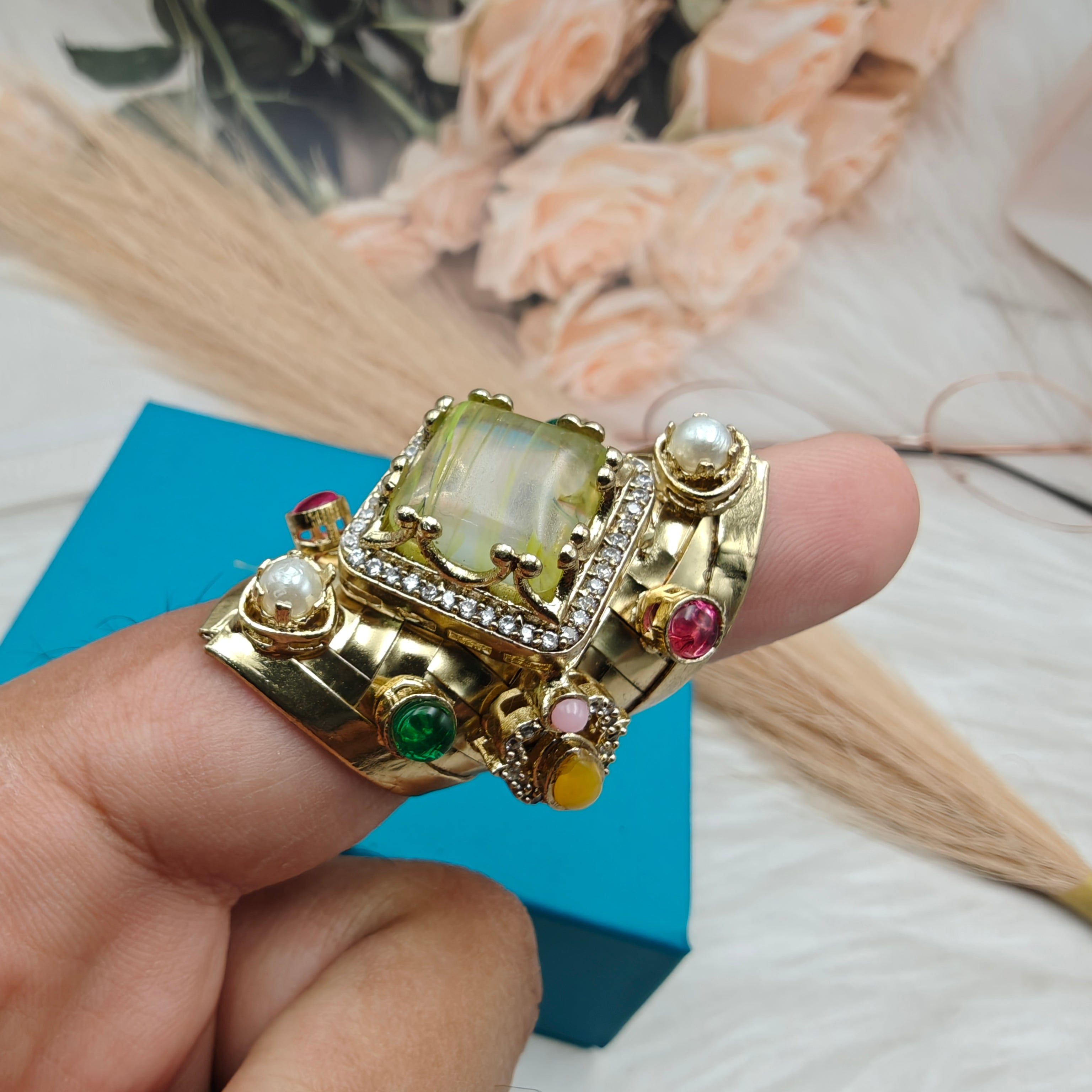 Anshika Brass Fusion Handcrafted Gemstone Sabya Inspired Statement Ring- Yellow