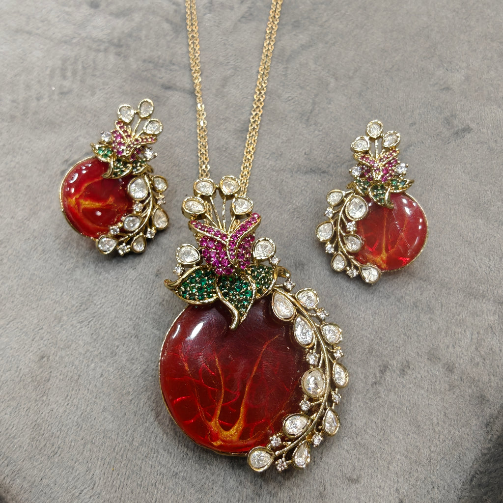 Raktika Natural Stone Statement Pendant Set- Crimson Red
