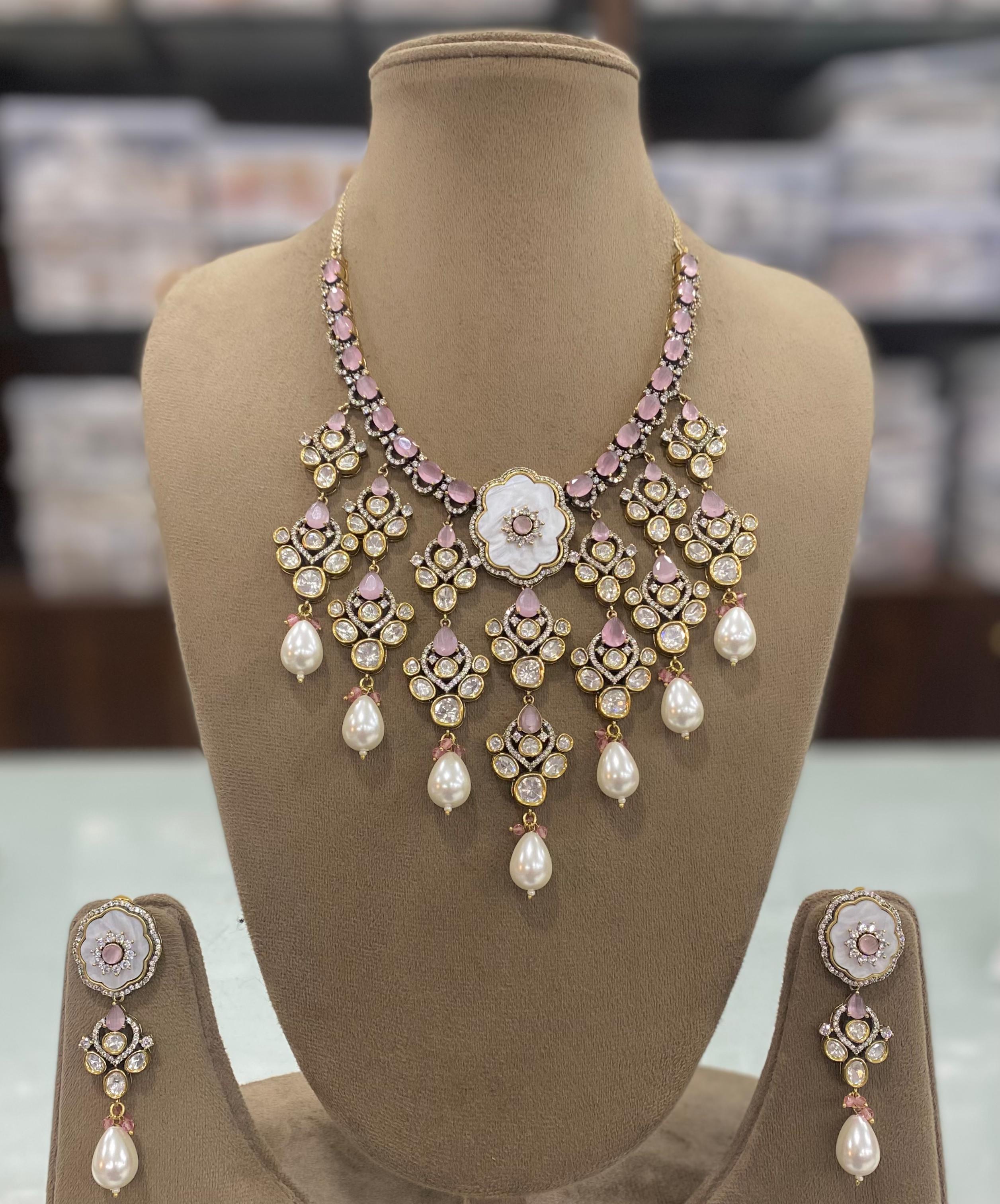 Amrita Shell Stone and Polki Necklace Set - Pink