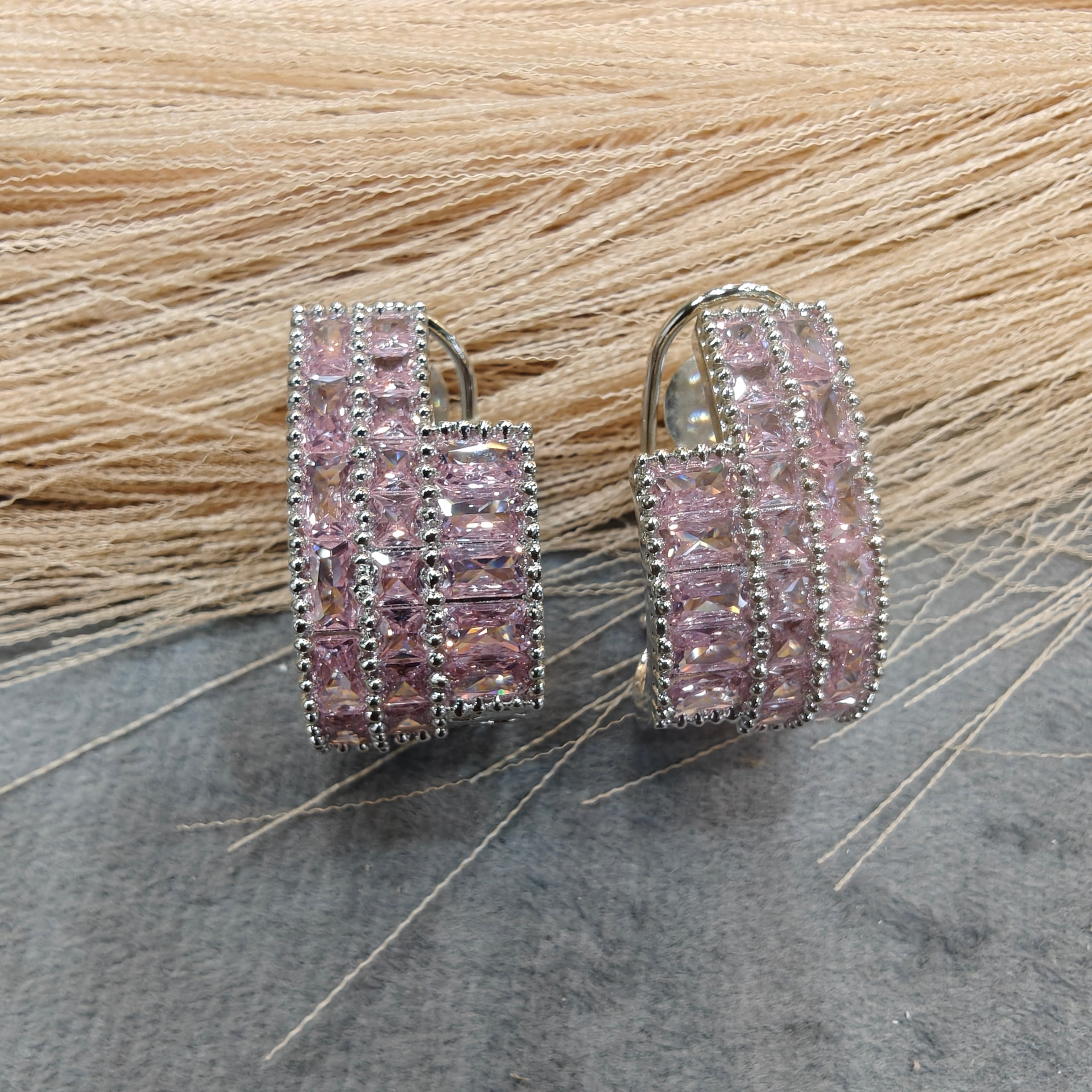 Supriya AD baguette Silver Plated Hoops - Pink