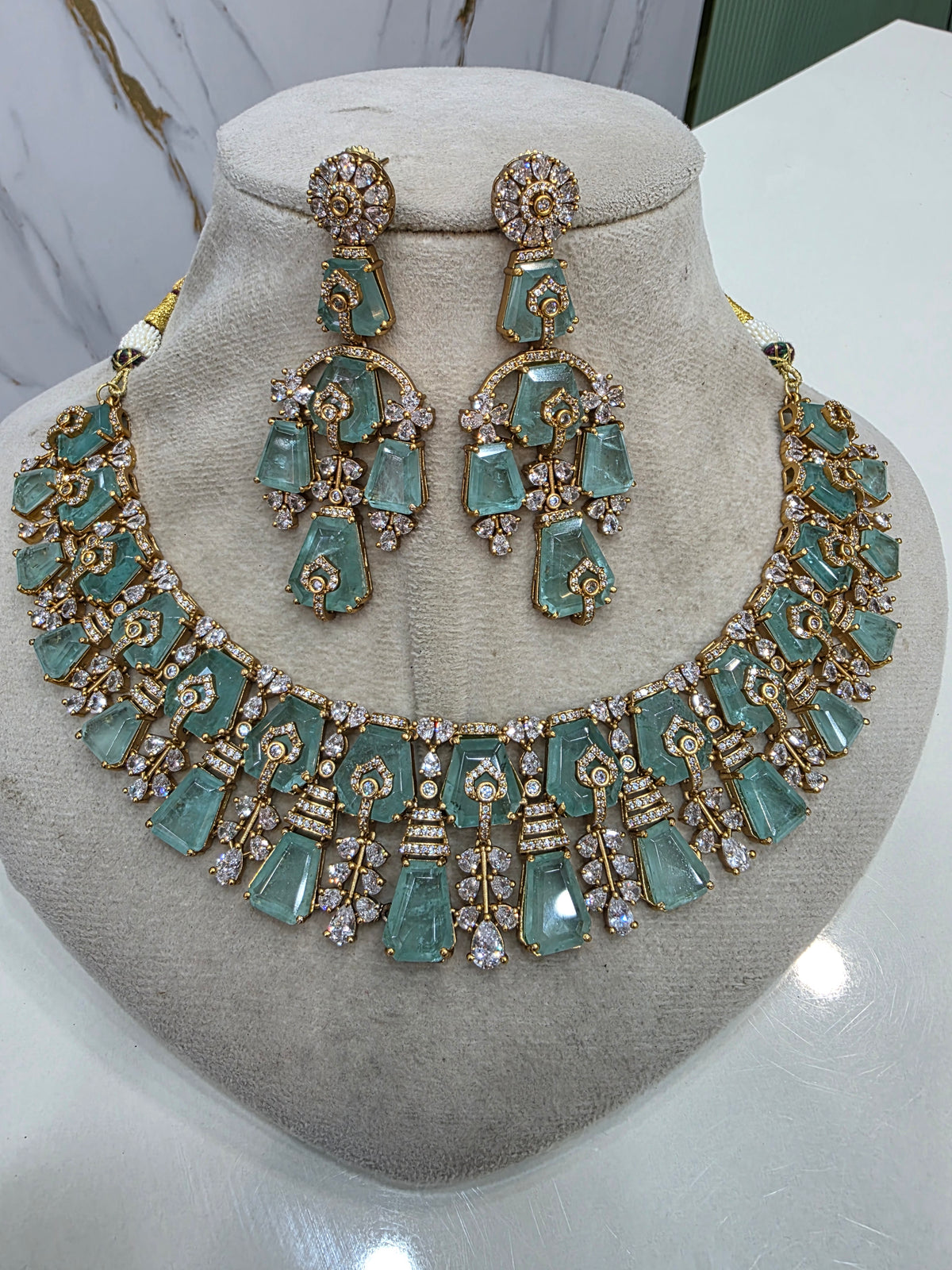 Gazal Russian Doublet Statement Necklace Set- Ice Blue