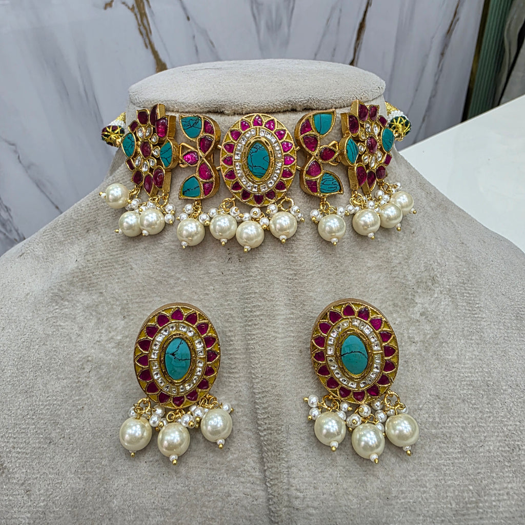 Aparna Jadau Kundan Heritage Choker Set- Turquoise and Ruby