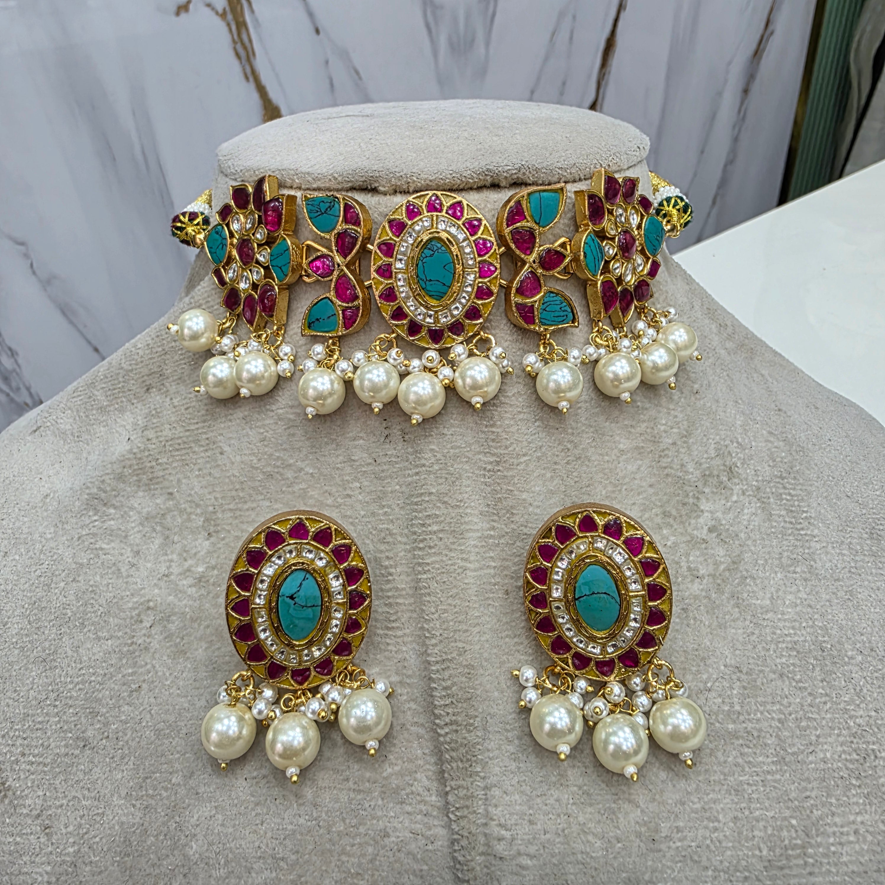 Aparna Jadau Kundan Heritage Choker Set- Turquoise and Ruby