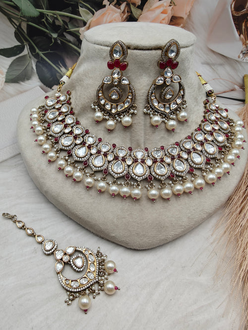 Aafreen Regal Polki Kundan Pearl Set - Maroon