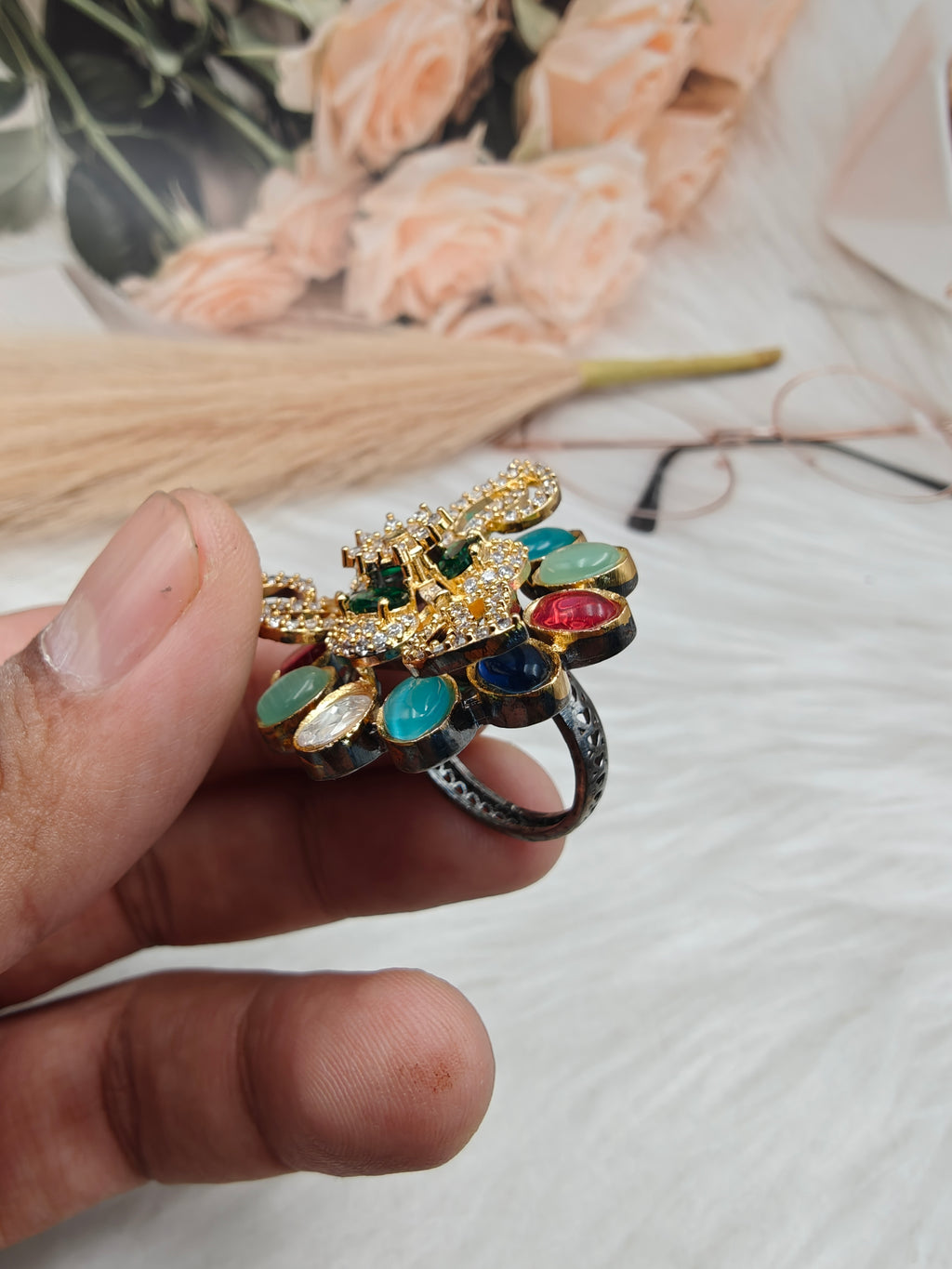 Blossom Statement Sabyasachi Inspired Gemstone Statement Ring- Green Multi