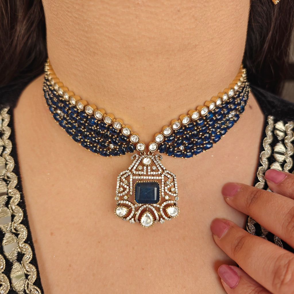 Rati Doublet and Moissanite Polki Choker Set- Blue