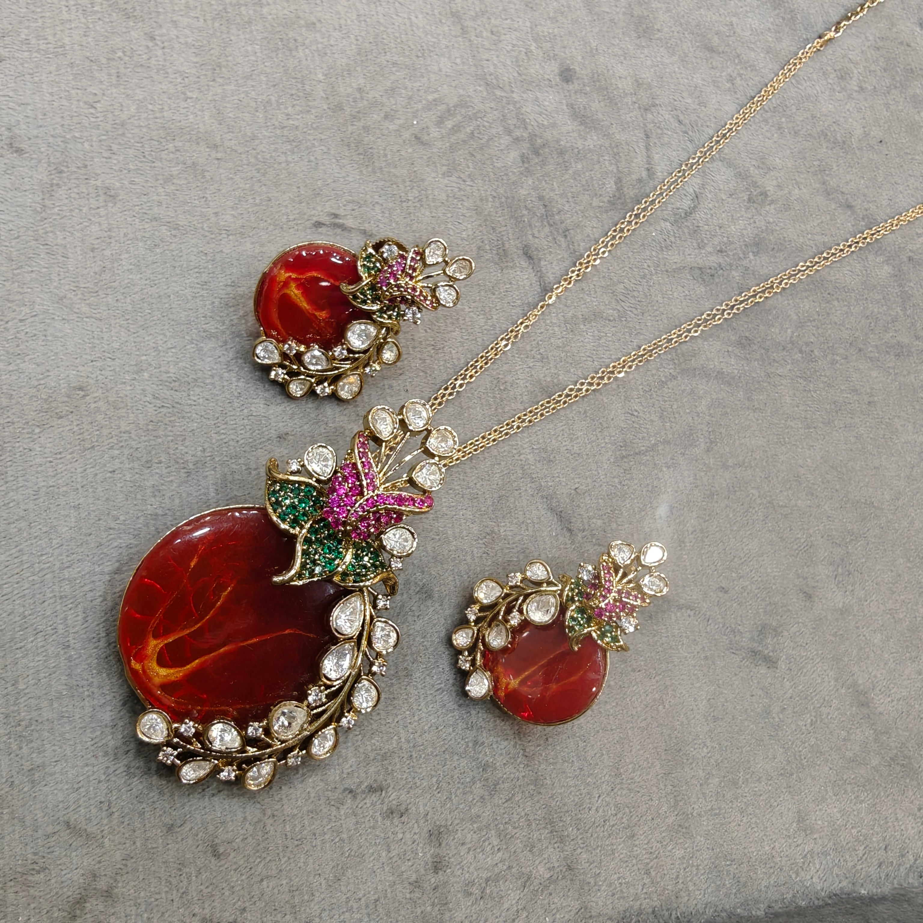 Raktika Natural Stone Statement Pendant Set- Crimson Red