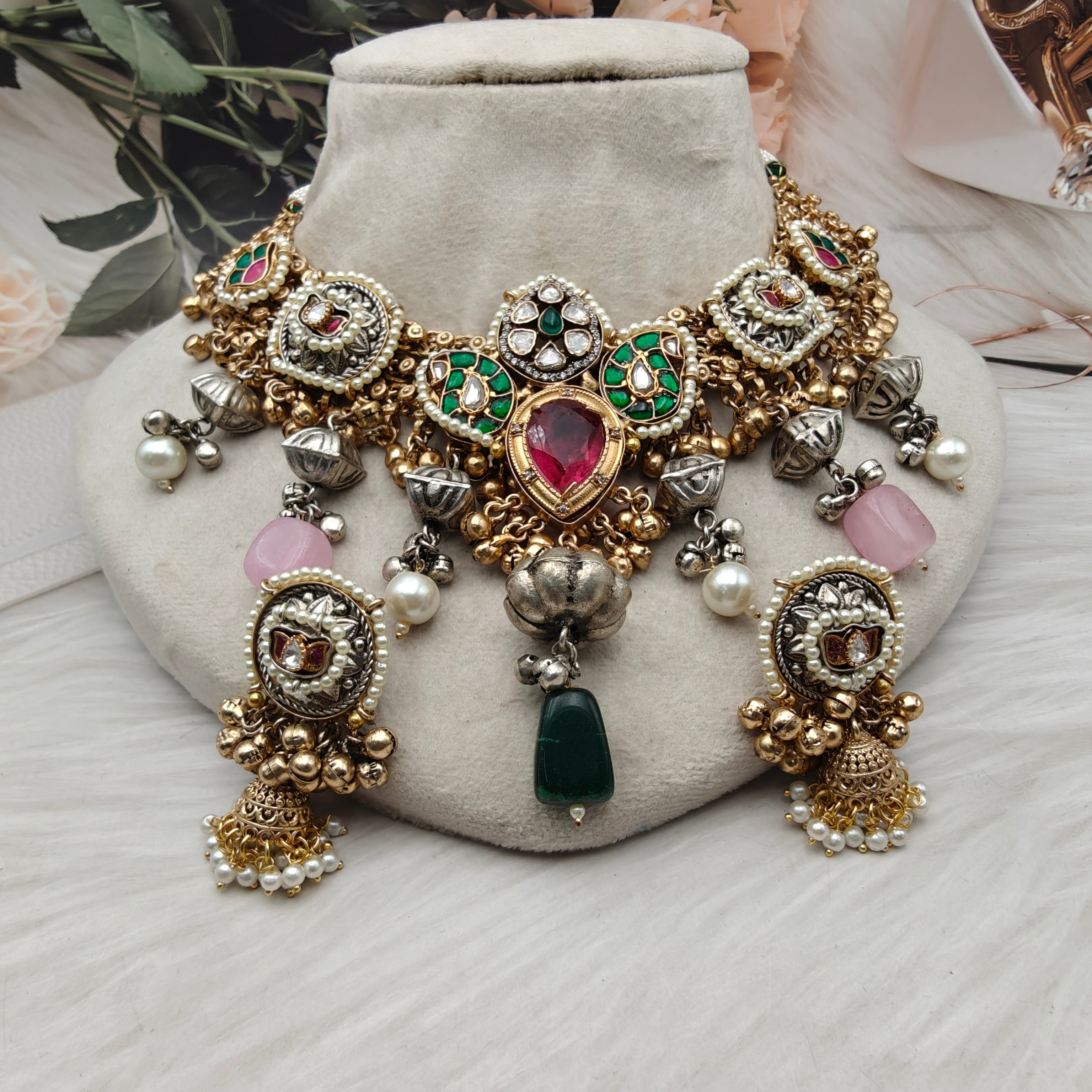 Sajana Amrapali Brass Fusion Necklace Set - Red n Green