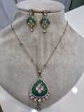 Aariz Epoxy Moissanite Polki Pendant Set- Rama Green