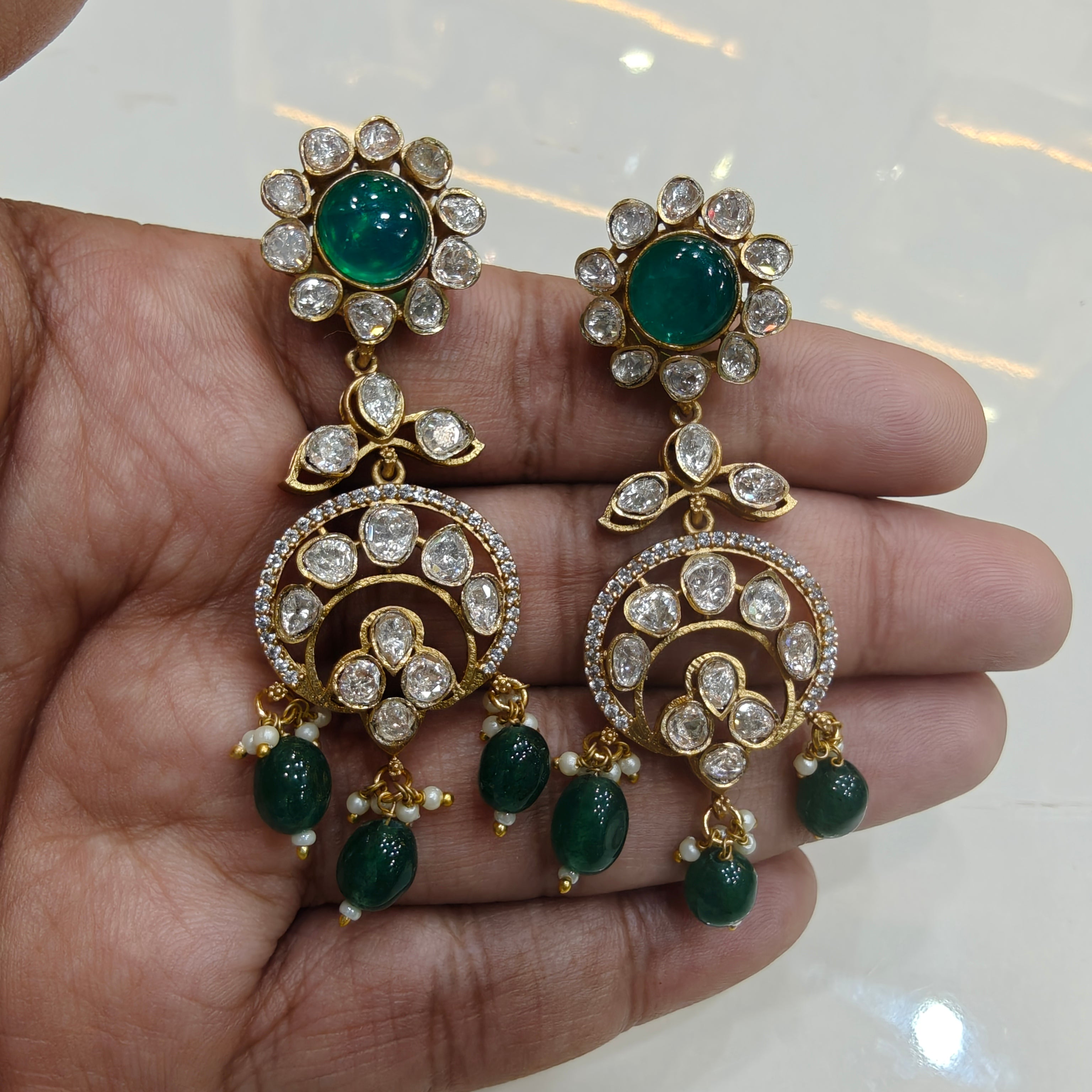 Damini Uncut Moissanite LB shade Chandbali Earrings- Emerald Green