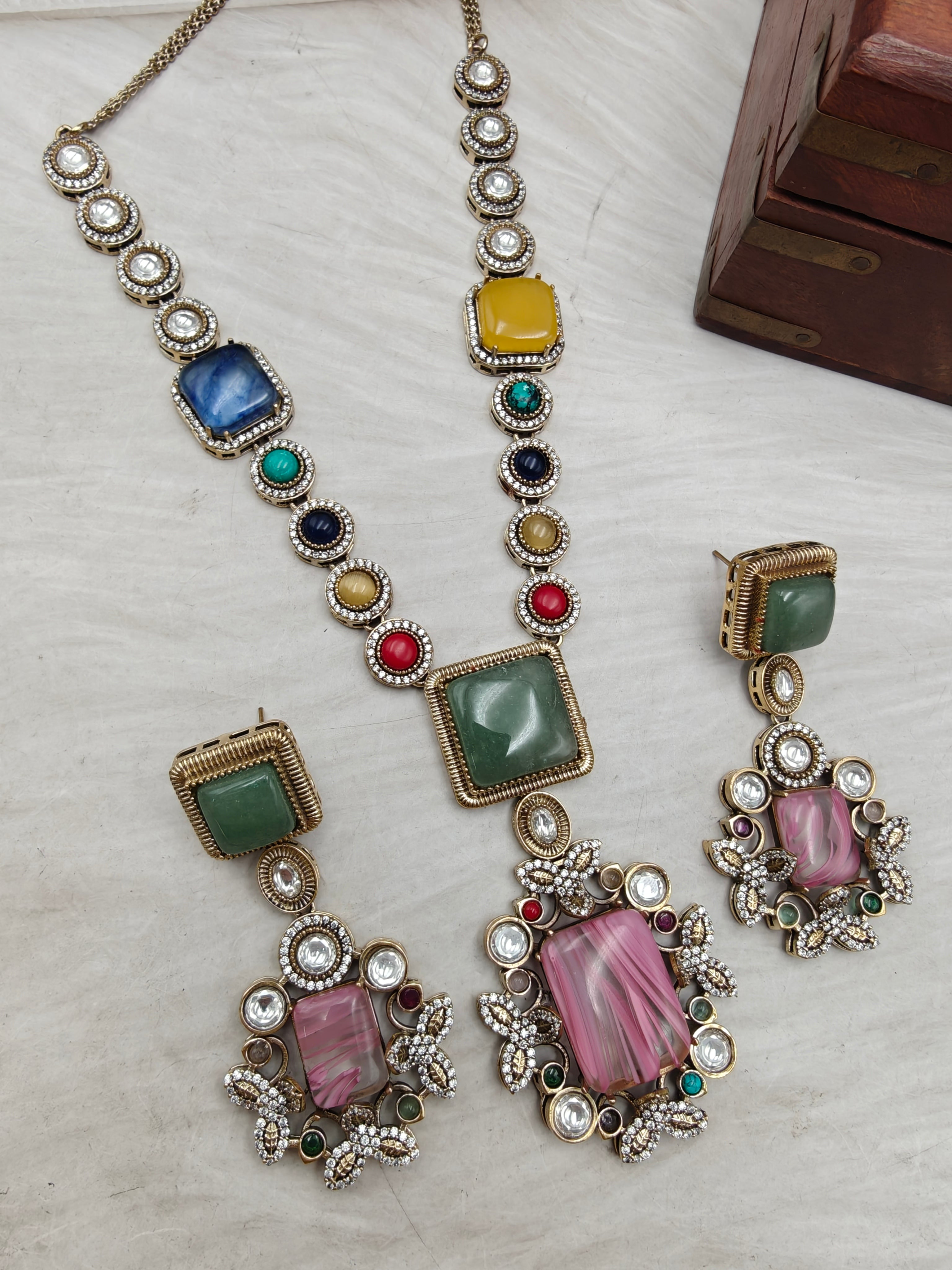 Mitali Sabya Inspired Gemstones Statement Necklace Set -Mint Multi