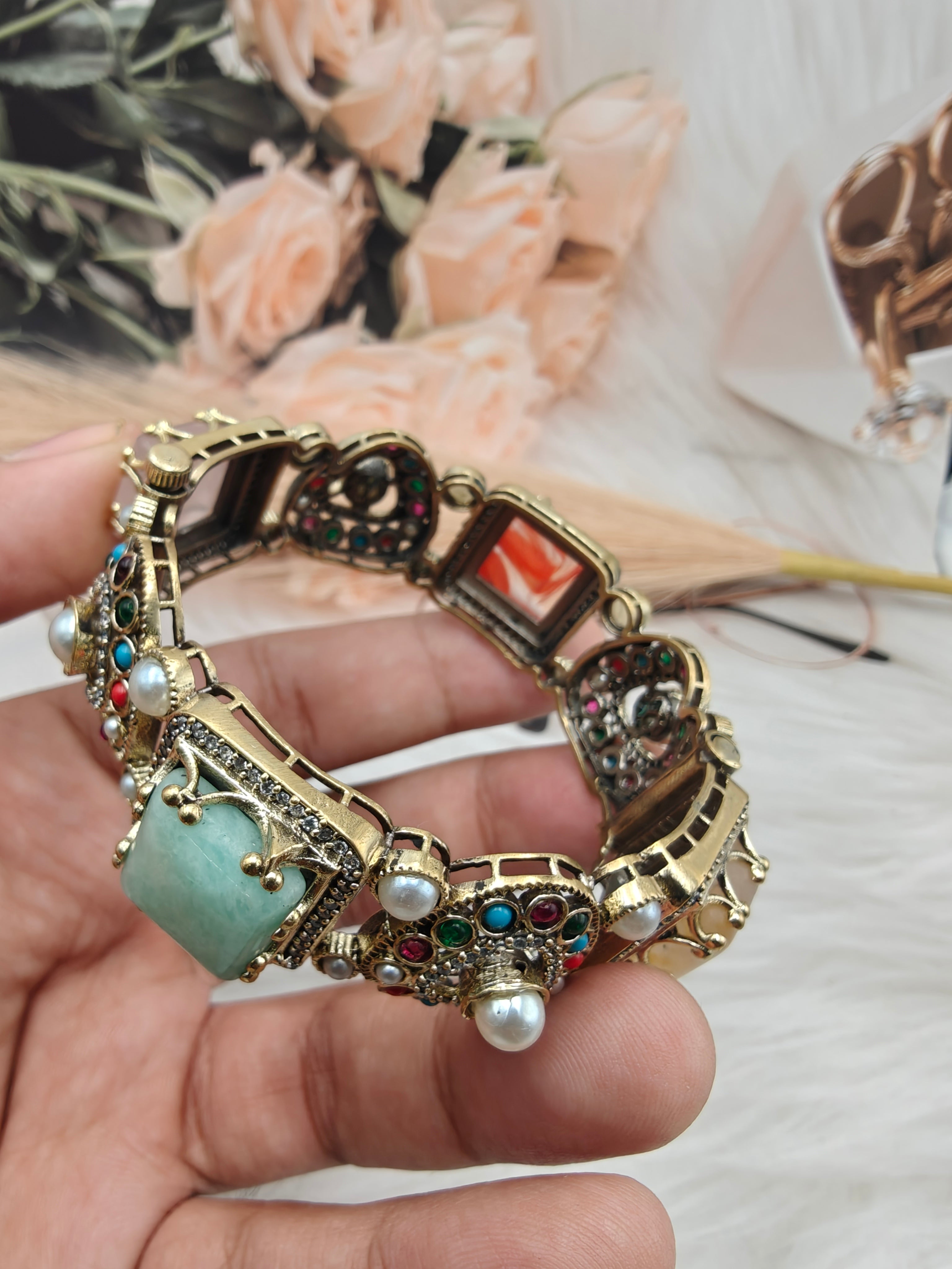 Sabyasachi Inspired Chahat Natural Stones Openable Bangle - Multi