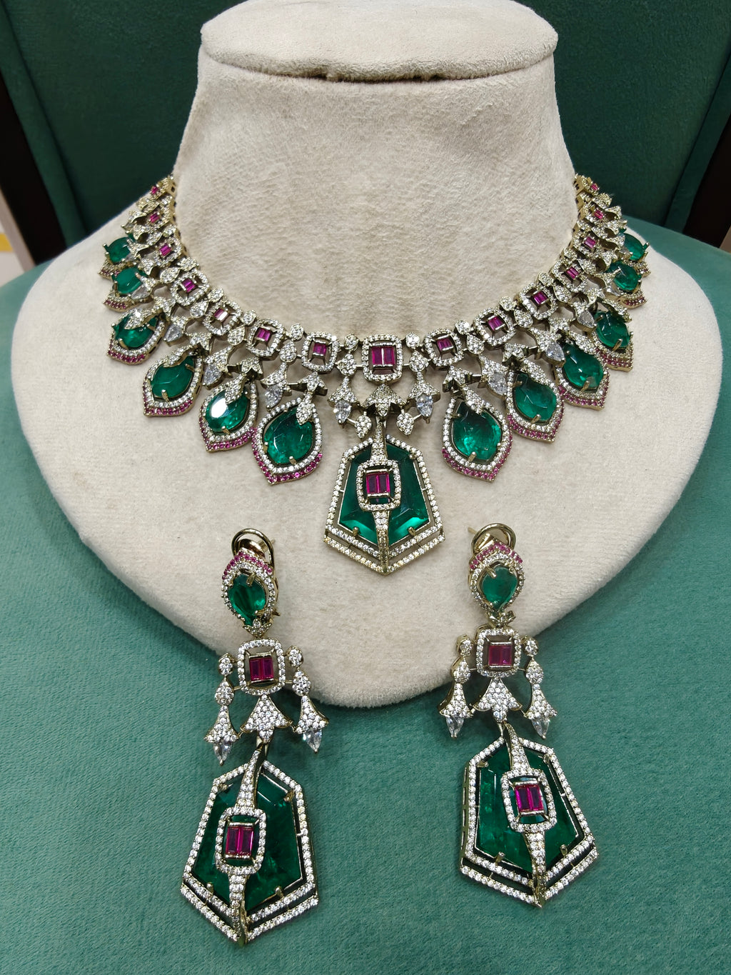 Tirthi Doublet and CZ Statement Necklace Set- Emerald Ruby