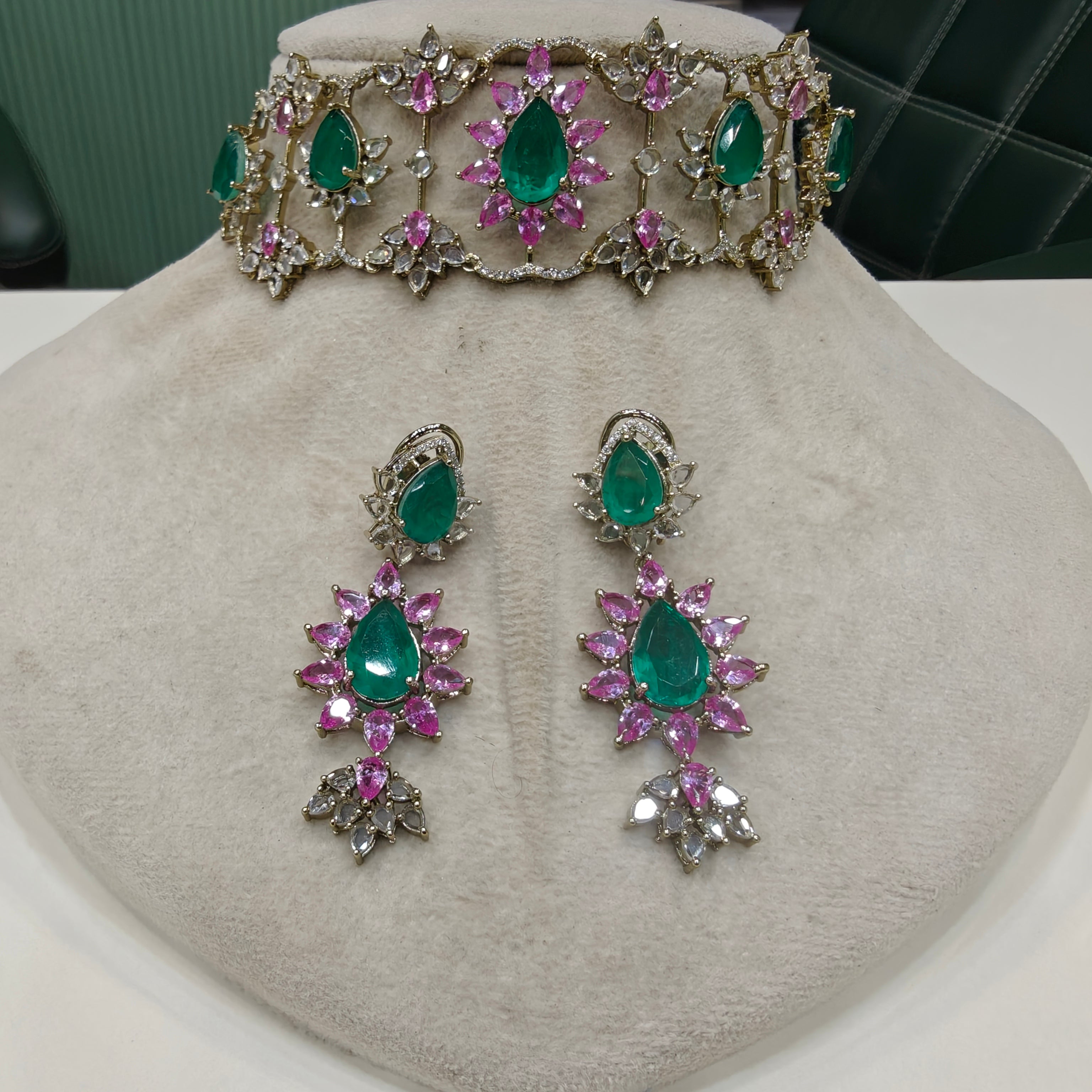 Muskaan Russian Doublet Cut Polki Choker Set- Emerald Green