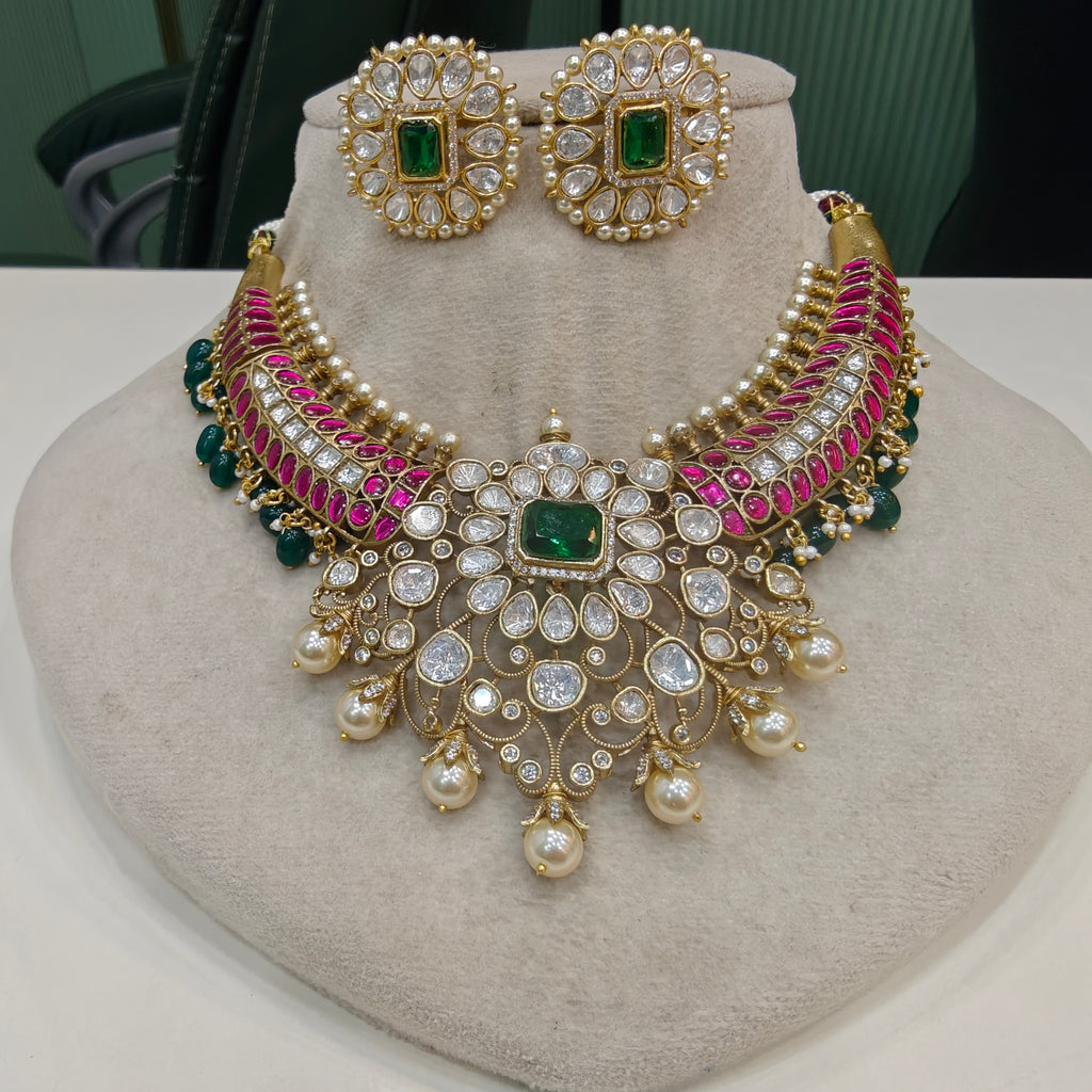 Saheli Mughal Heritage Inspired Jadau Kundan Gold Plated Hasli Set- Ruby Green