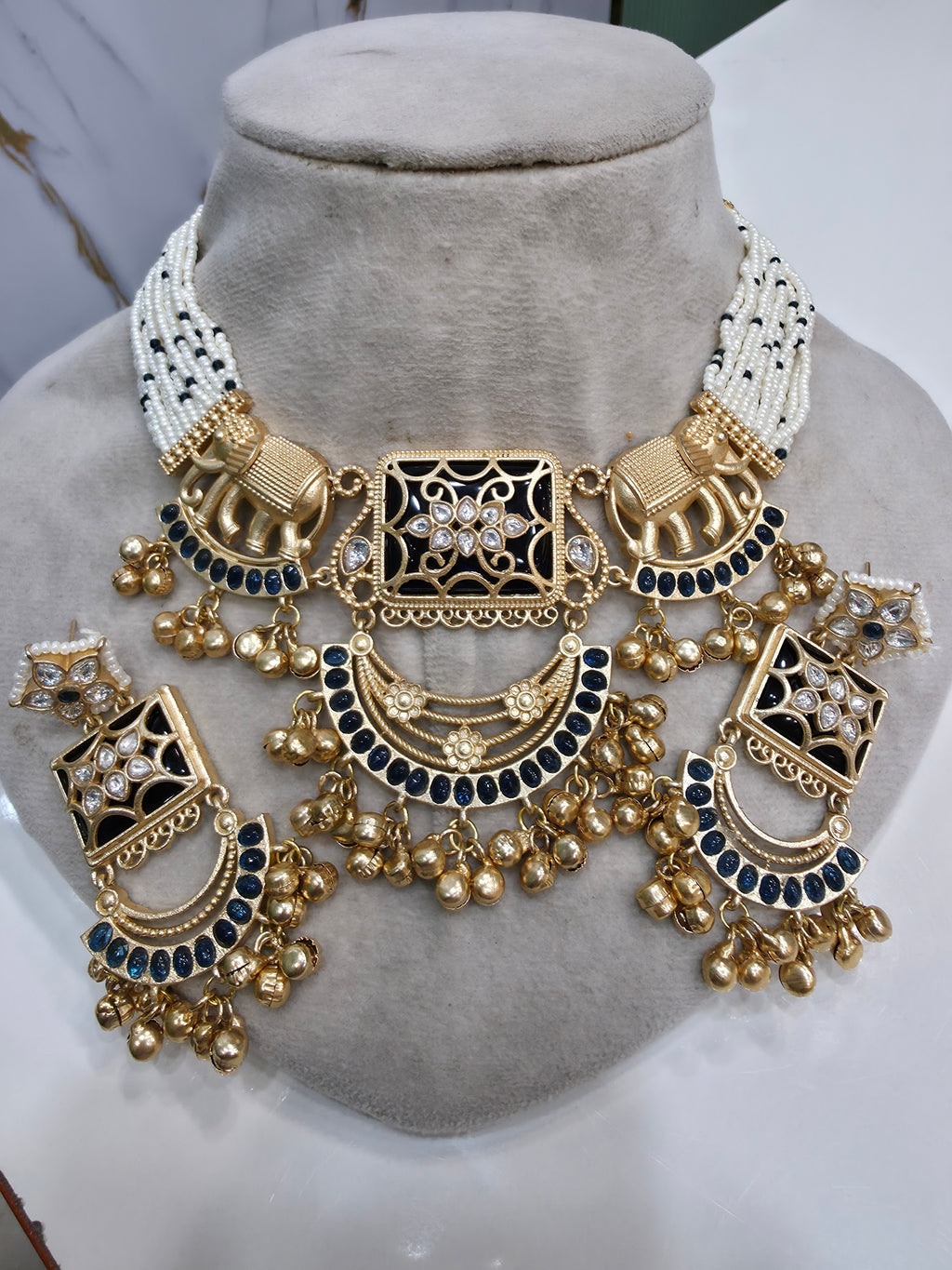 Ayesha Gajja Matte Gold Handcrafted Brass Choker Necklace Set- Blue