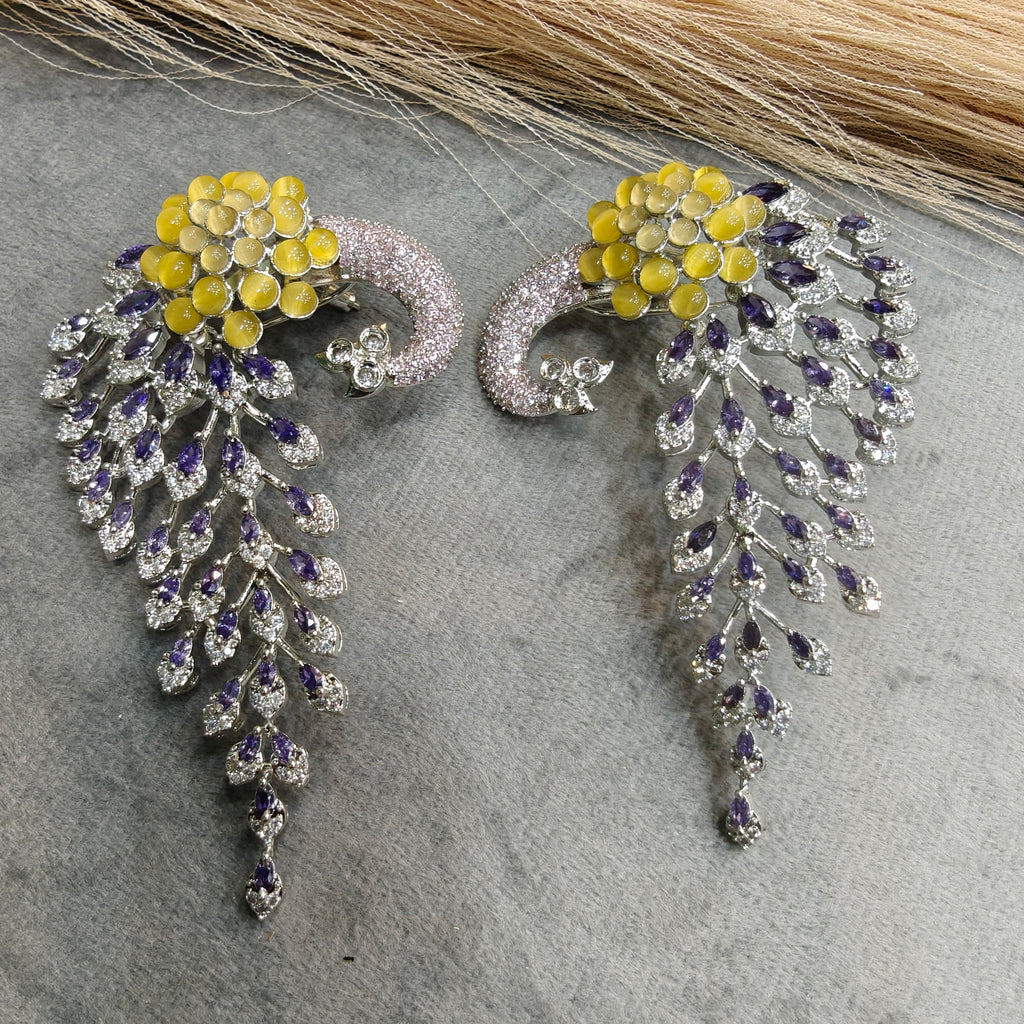 Vantara Peacock Statement Silver Plated Earrings- Yellow Purple