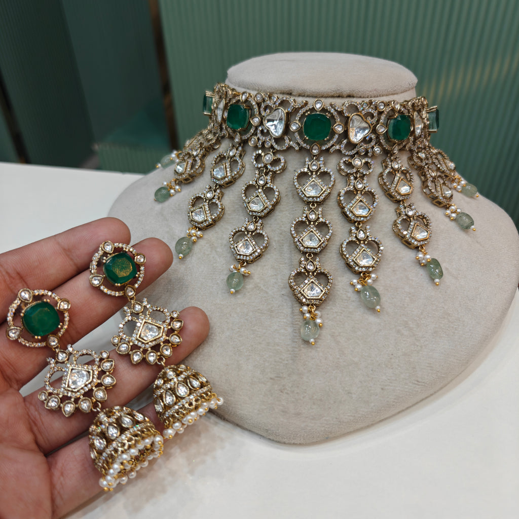 Waterfall Polki Doublet Choker Necklace Set- Green